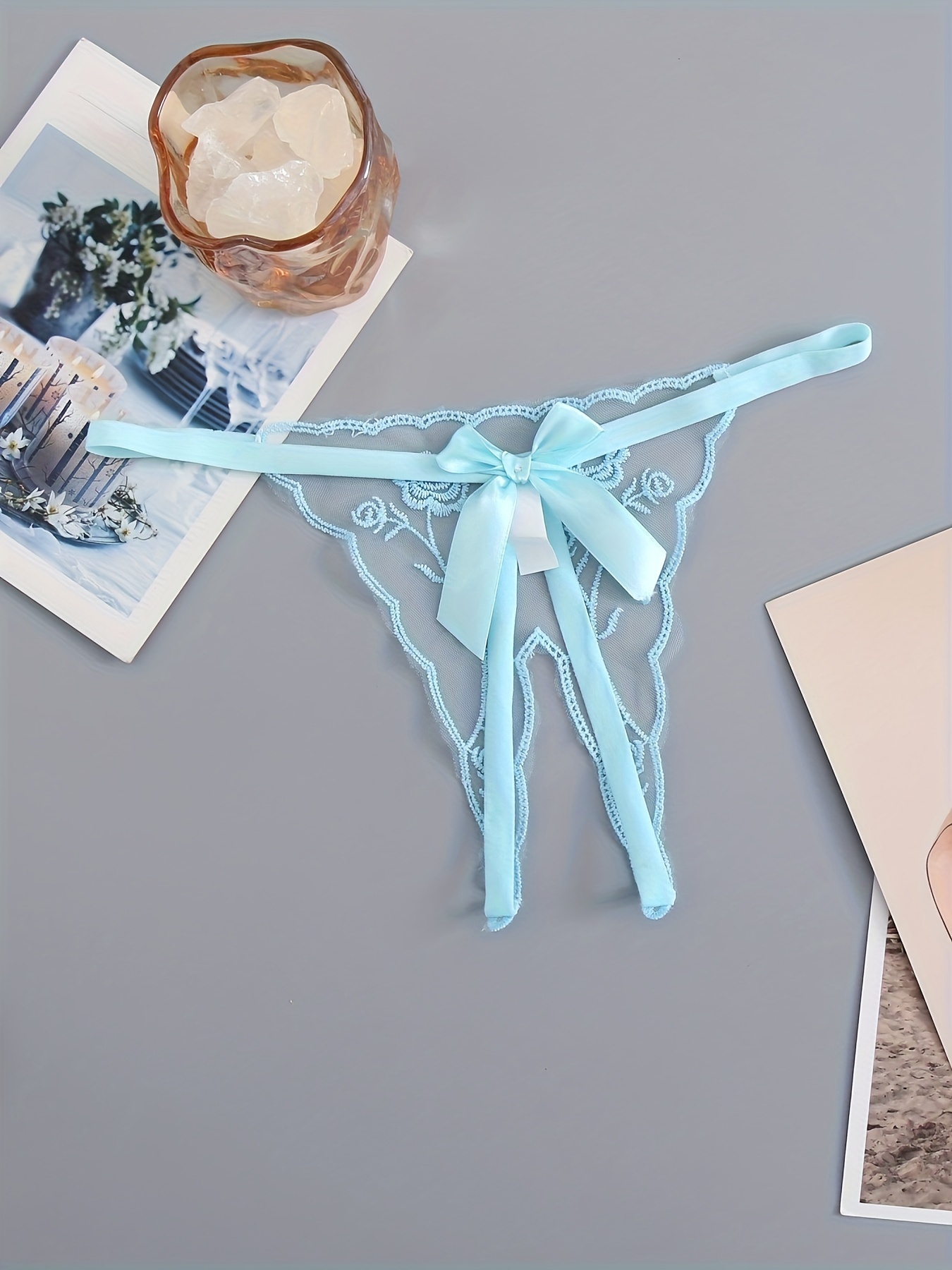 Sexy Bow Decor Thongs Crotchless Spaghetti Strap Floral Rose - Temu