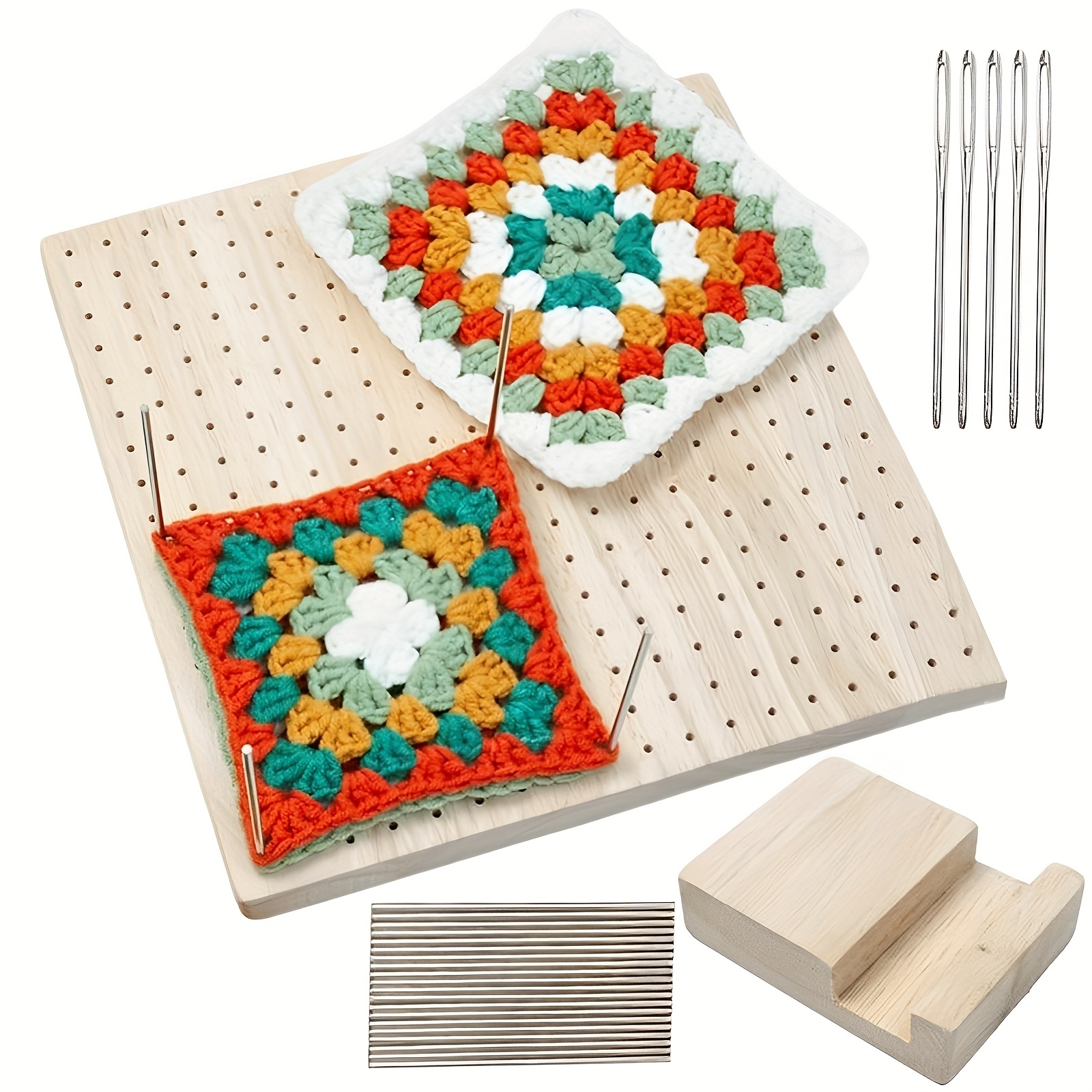  Tebery Bamboo Square Crochet Blocking Board with 20Pcs Rob Pins  for Knitting Crochet and Granny, Handcrafted Knitting Blocking Mat with 12  Colors Yarn and Knitting Base,7.8 x 7.8 inches