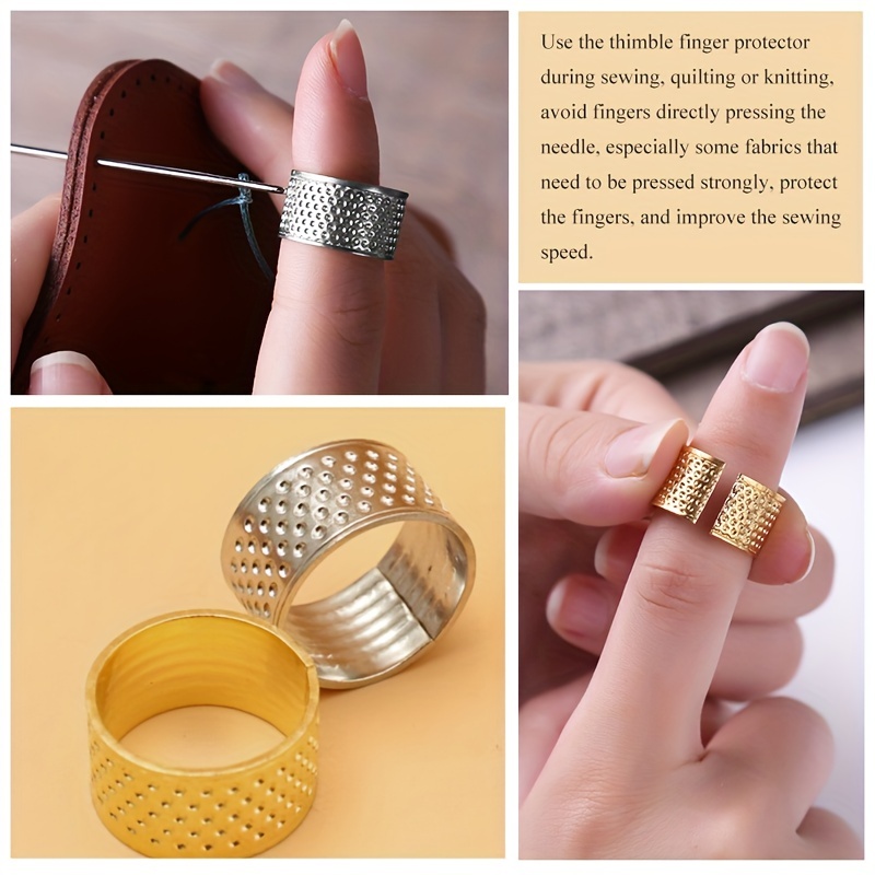 Juego de 12 dedales de costura, anillos de metal ajustables para coser,  dedal de moneda de cuero, anillo de metal con kit de aguja de coser a mano