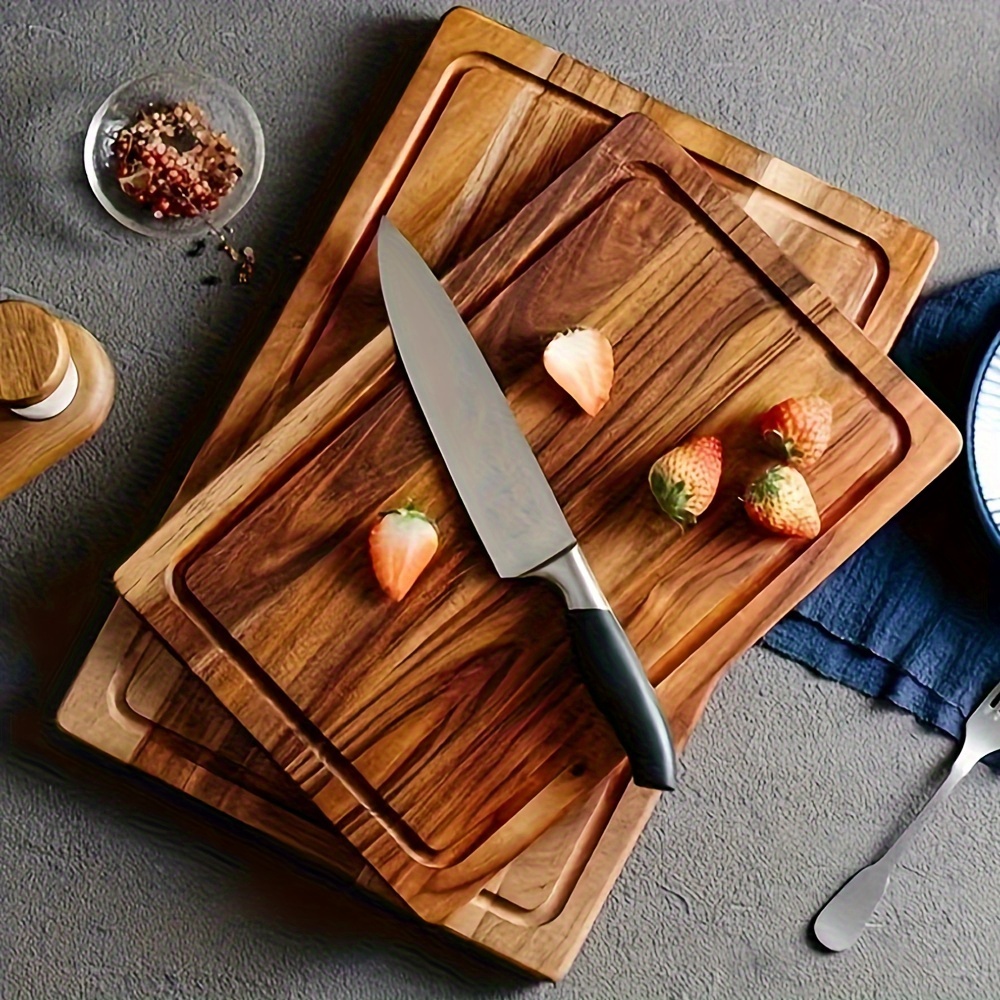 

1pc, Wood Cutting Board With Juice Groove, Wooden Chopping Board For Kitchen, Meat And Cheese, Cheese Board With Juice Slot, Handle, Suitable For Indoor, Outdoor, Kitchen Stuff