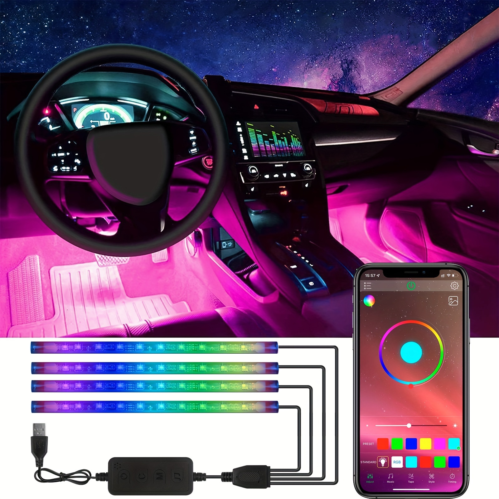 MONDEVIEW Luces LED Coche Interior, LED Interior Coche Soporta APP  Bluetooth de Control con 16 Millones Colores Música RGB de DIY,  Mechero/Encendido