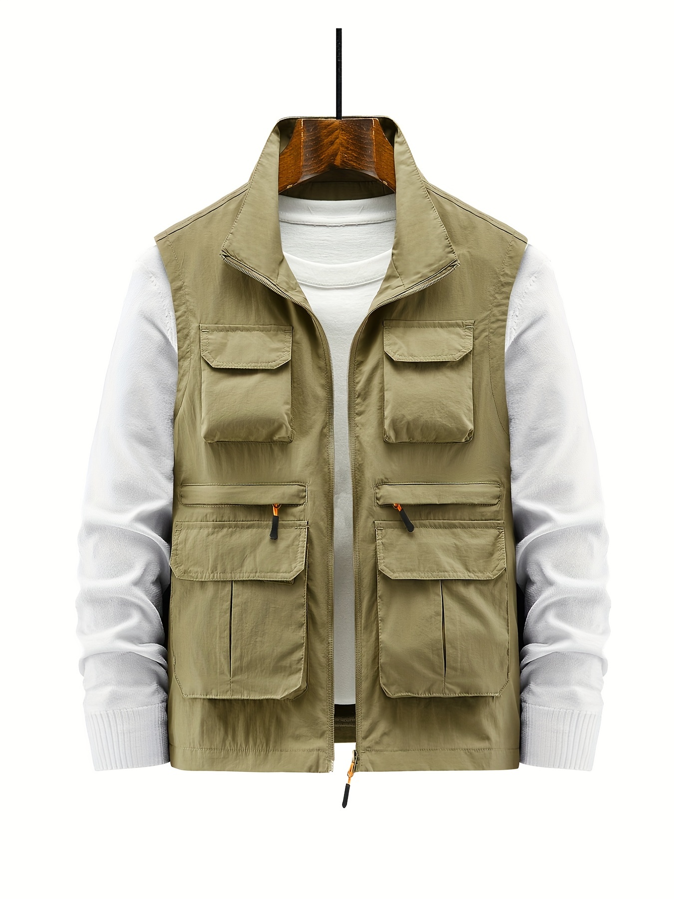 Multi Zipper Pockets Vest, Men's Casual Stand Collar Zip Up Vest for Spring Summer Outdoor Fishing Hiking,Casual,Temu