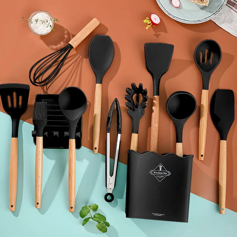 16pcs set silicone cooking utensils set heat resistant kitchen utensils turner tongs spatula spoon brush spoon rest wooden handle kitchen cooking utensils with holder for nonstick cookware dishwasher safe bpa free chrismas halloween gifts details 2