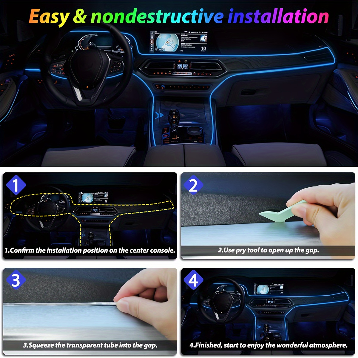 Car LED Interior Strip Light RGB Atmosphere Ambient Lighting Kit