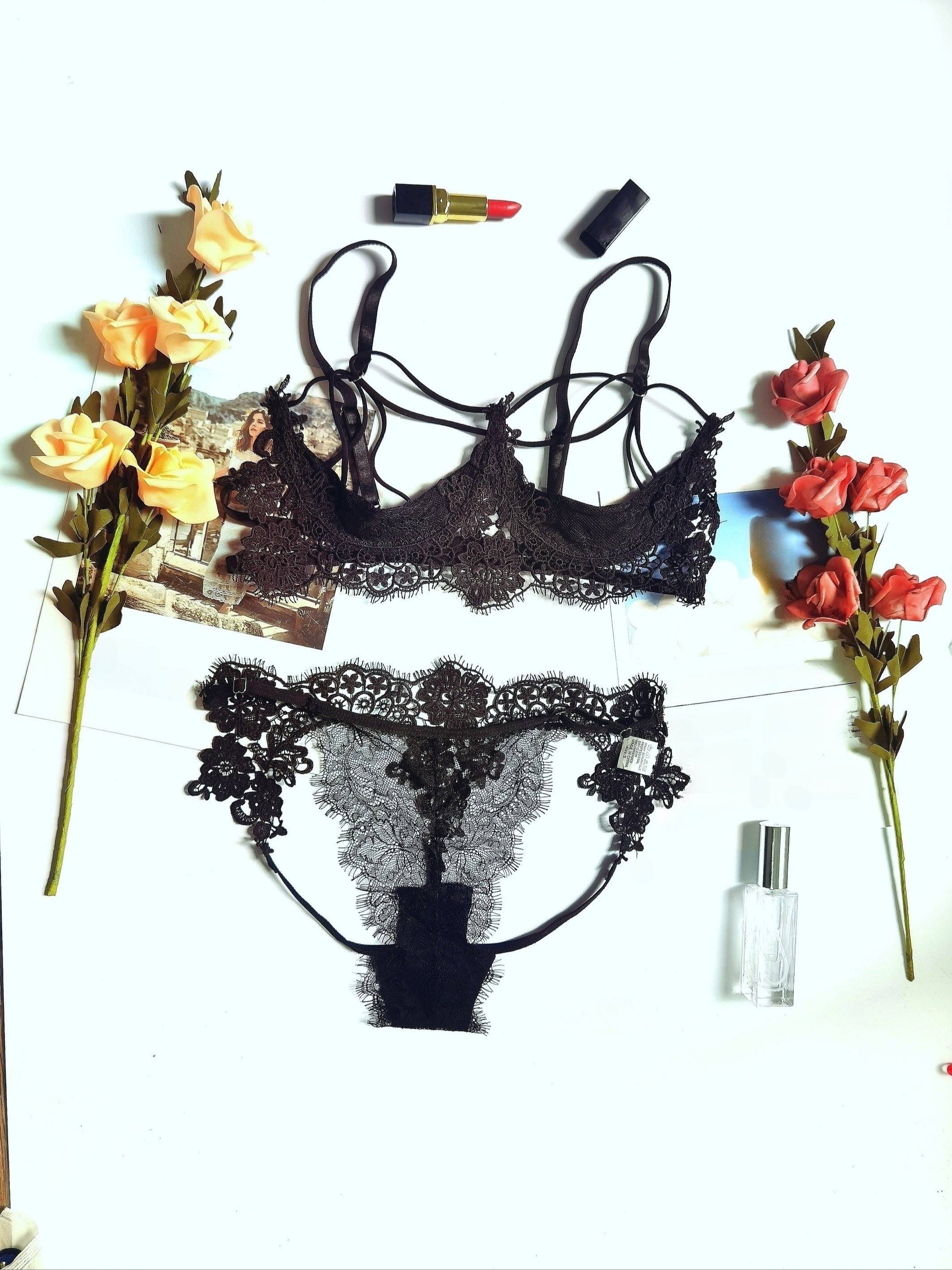 Valentine's Day Lace Mesh Lingerie Set, Open Bust Split Slip Dress & Thong,  Women's Sexy Lingerie & Underwear