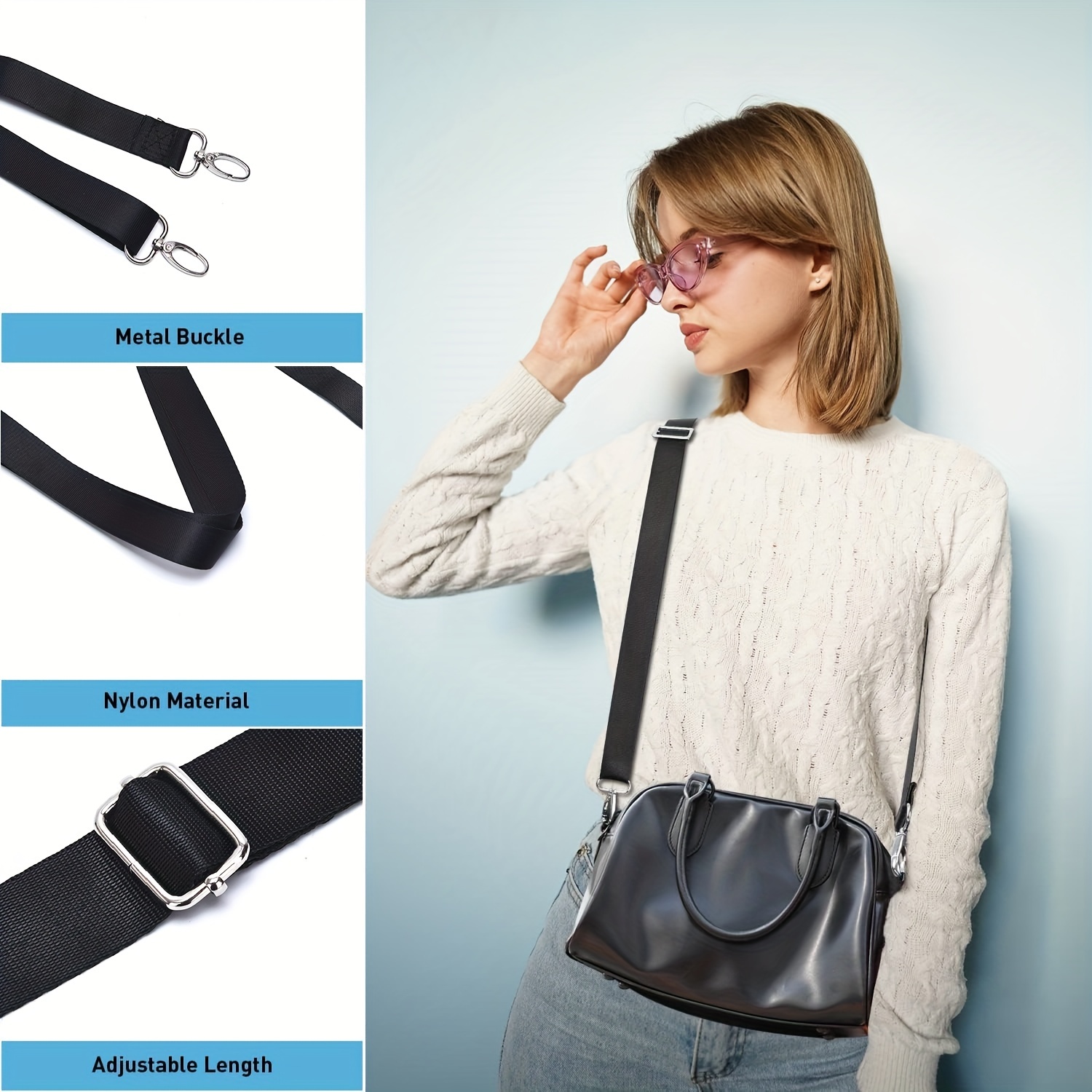 Wide Purse Strap Adjustable Canvas Crossbody Handbag Shoulder Bag Strap  A-Black