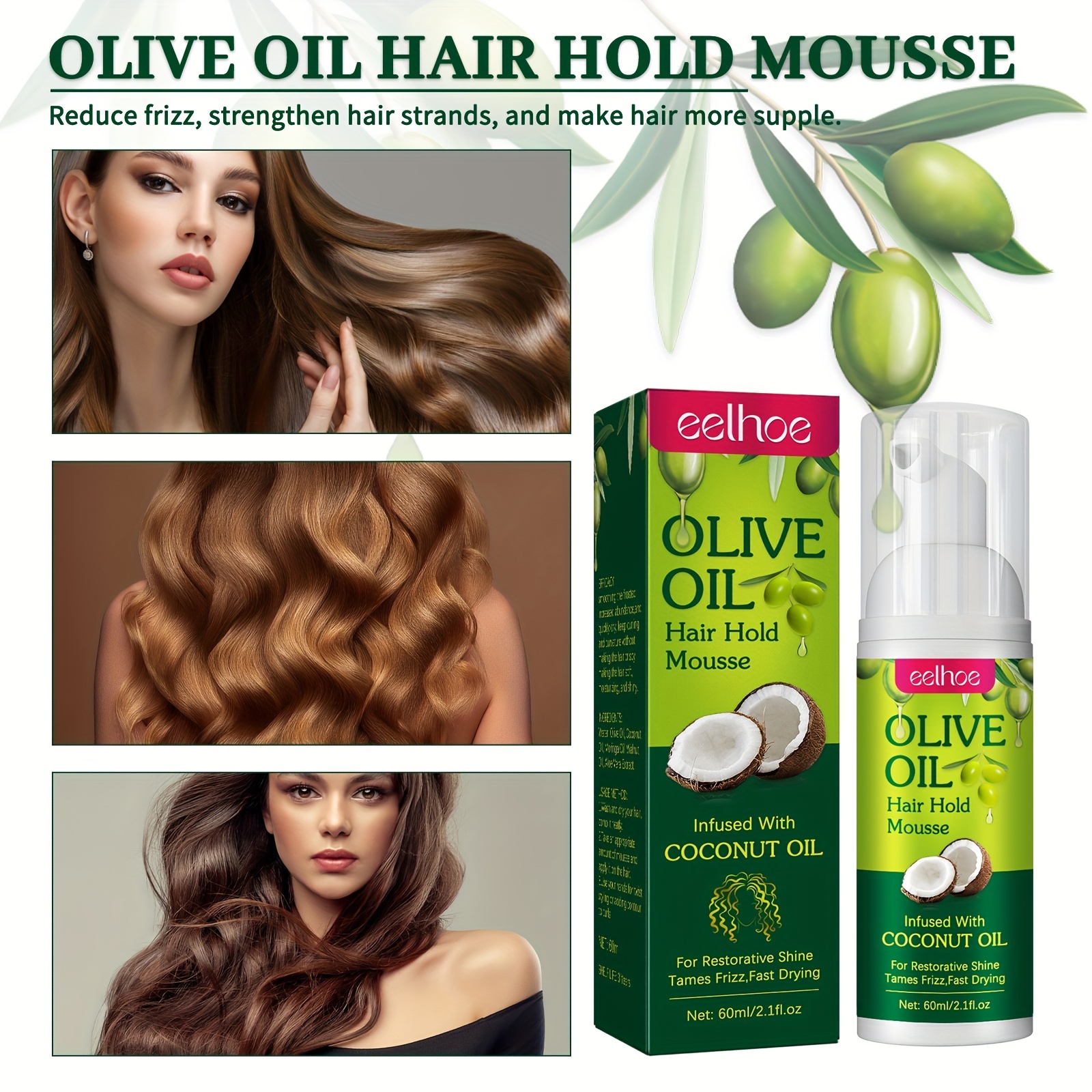 Olive Oil Hair Mousse, Formula Setting Mousse Anti-frizz Hydrating Hair  Hold Mousse Long-lasting Moisturizing Improves Shine