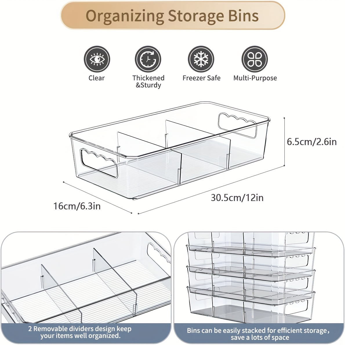 2 Packs Clear Plastic Storage Bins, Snack Organizer, Food Storage Organizer  Bins for Pantry, Kitchen, Fridge, Cabinet, 4 Compartment Holder for  Organize Packets, Spices, Pouches, Snacks