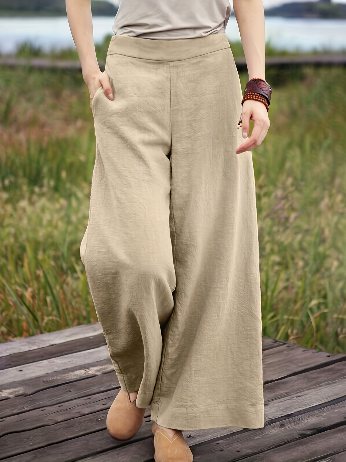 Solid Wide Leg Pants Casual Elastic Waist Long Length Pants - Temu