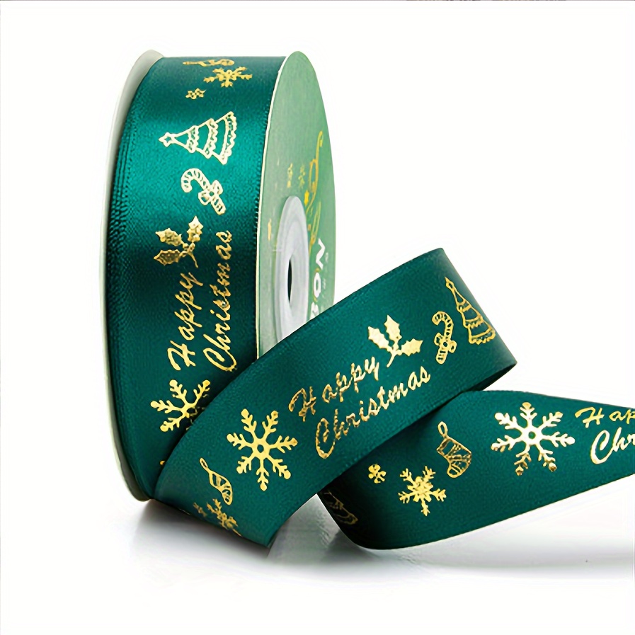 Green 2.5cm Christmas Ribbon With Hot Gold Stamping, Gift Box