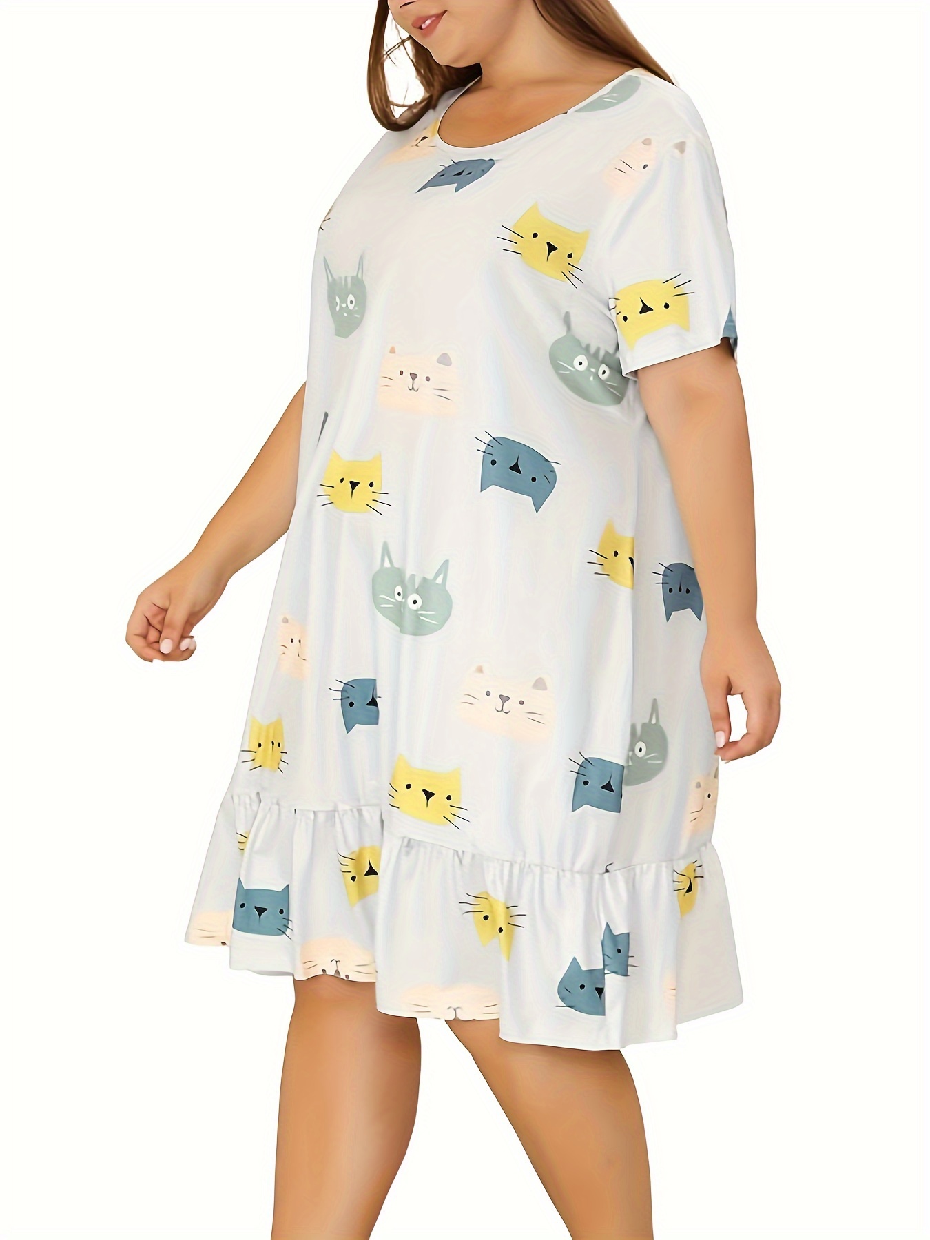 Colorful Cat Print Nightdress with Ruffle Trim
