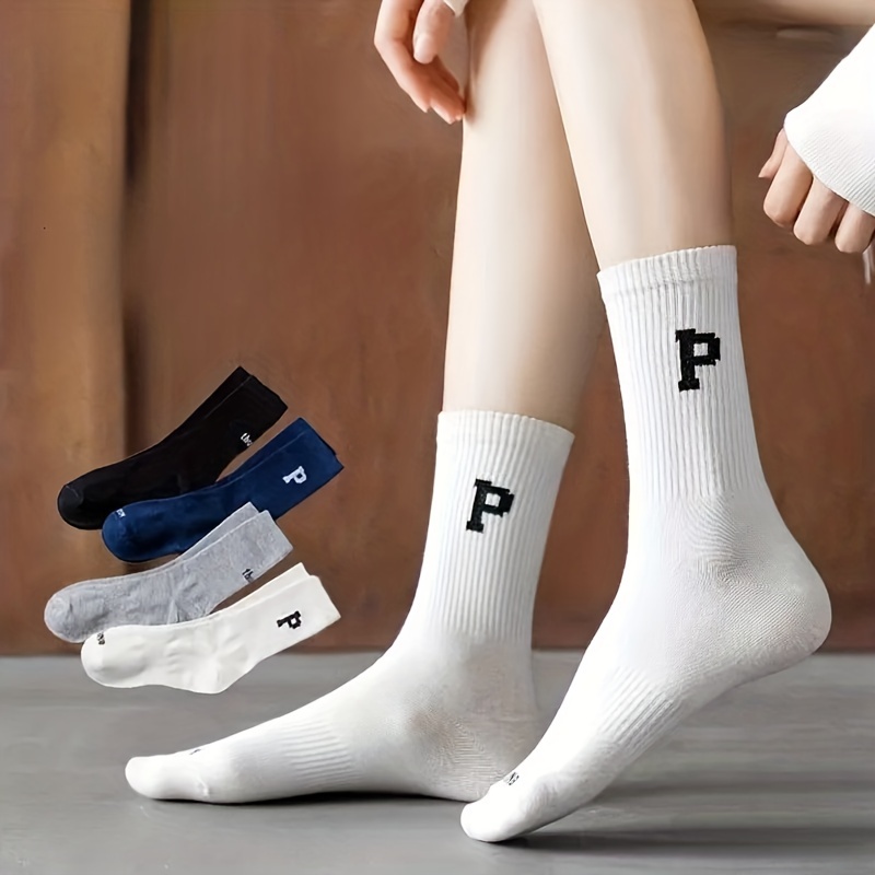 4 Pairs Letter Graphic Mid Calf Socks, Fashion Moisture Wicking Versatile  Sports Casual Socks, For Daily