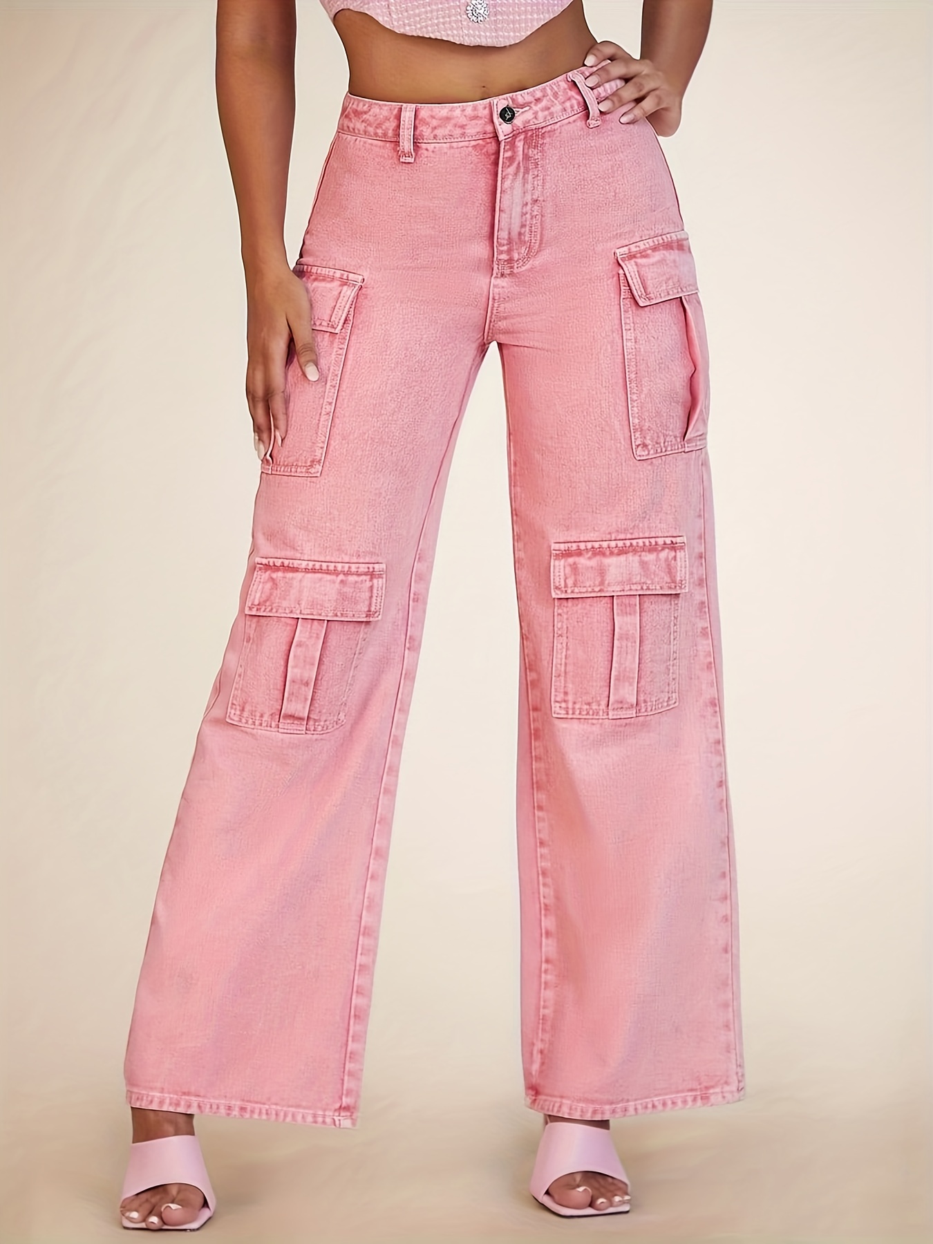 Petite Hot Pink Cargo Pocket Baggy Wide Leg Jeans