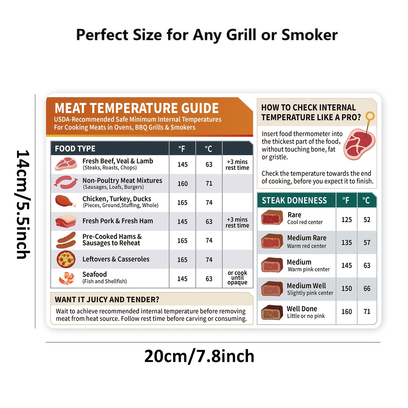 BBQ Meat Temp Guide Magnet Acrylic Beef Pork Cooking Temperature Chart