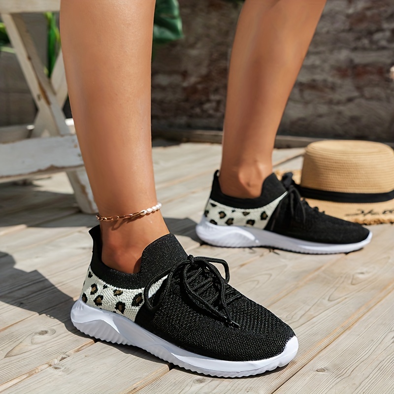 Women's Leopard Print Flying Woven Sneakers Breathable - Temu Canada