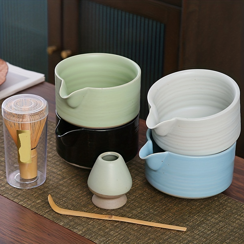 Artcome Juego de té Matcha japonés, batidor Matcha, cuchara tradicional,  tazón Matcha, bandeja de bambú negro, soporte de batidor de cerámica,  Matcha