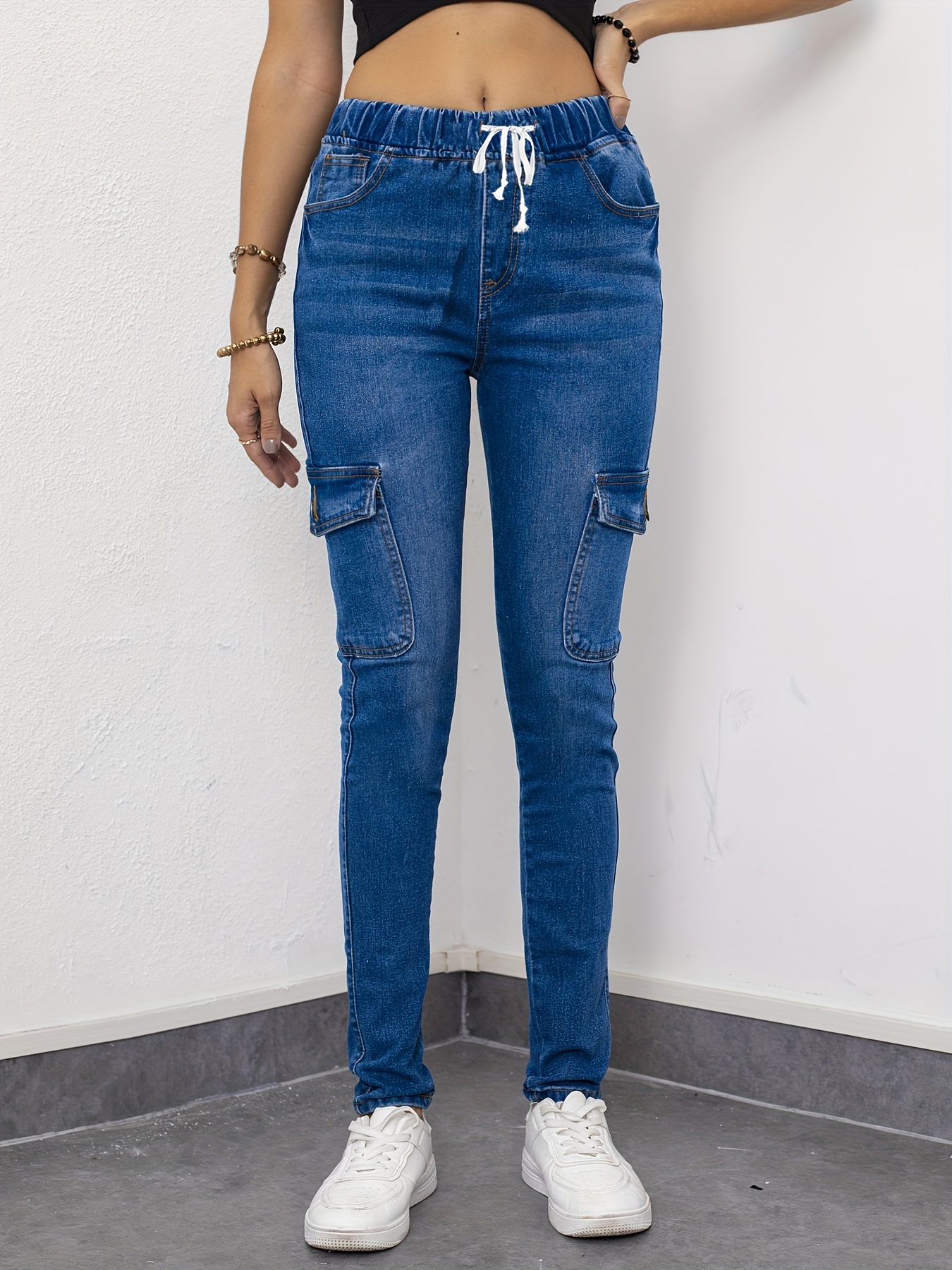 Blue Elastic Jeans stretch Skinny High Flap Temu Fit Waist - Slim