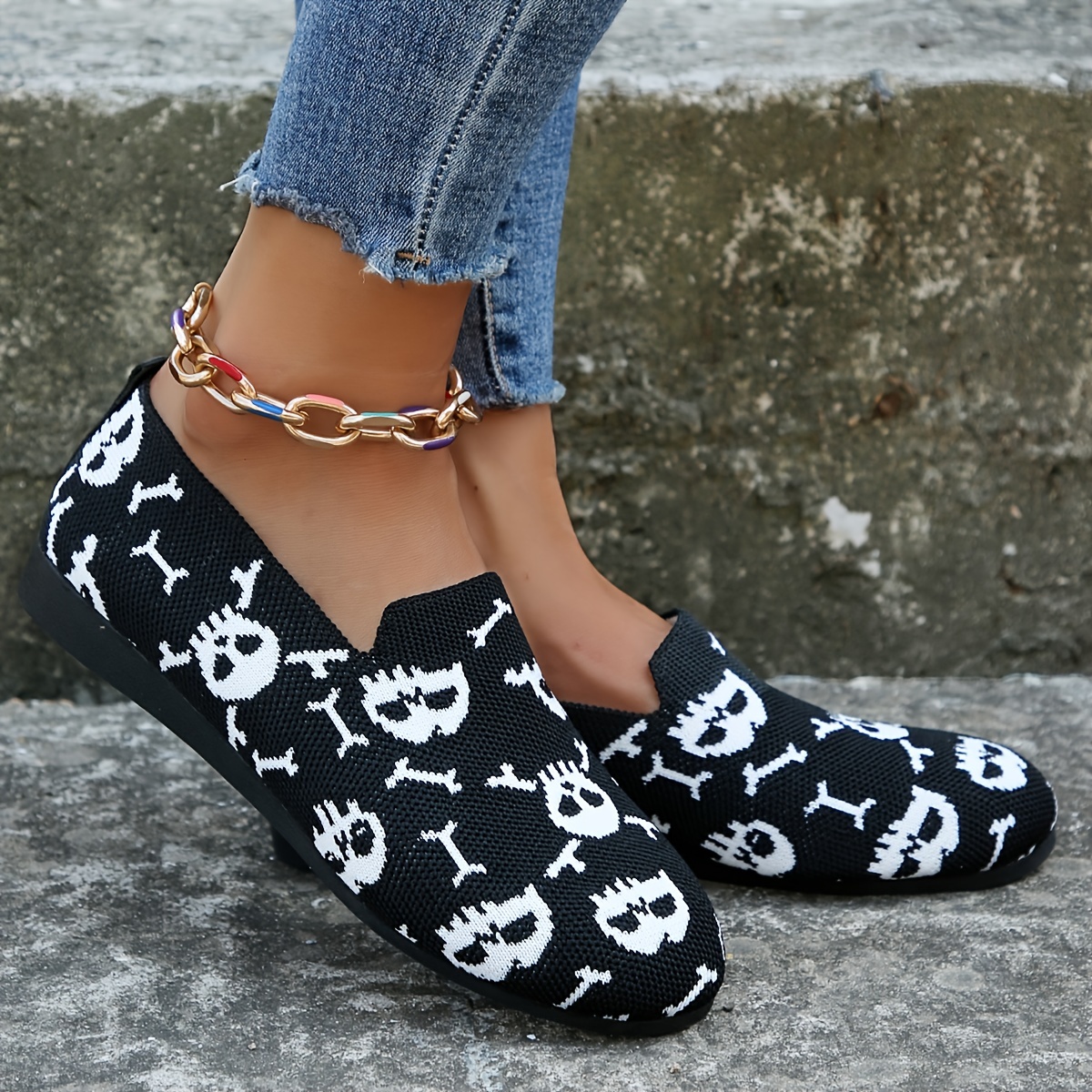 Skull Pattern Flat Shoes Halloween Soft Sole Slip On Shoes