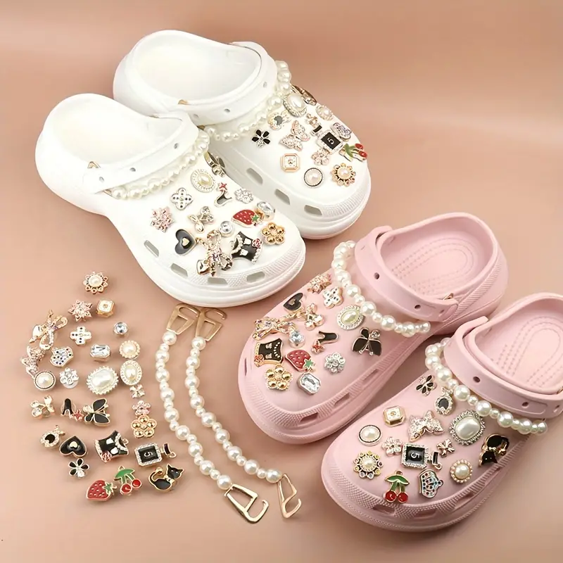 Hot Selling Pearl Chain Bling Croc Charms Crystal Shoe Charms Fits