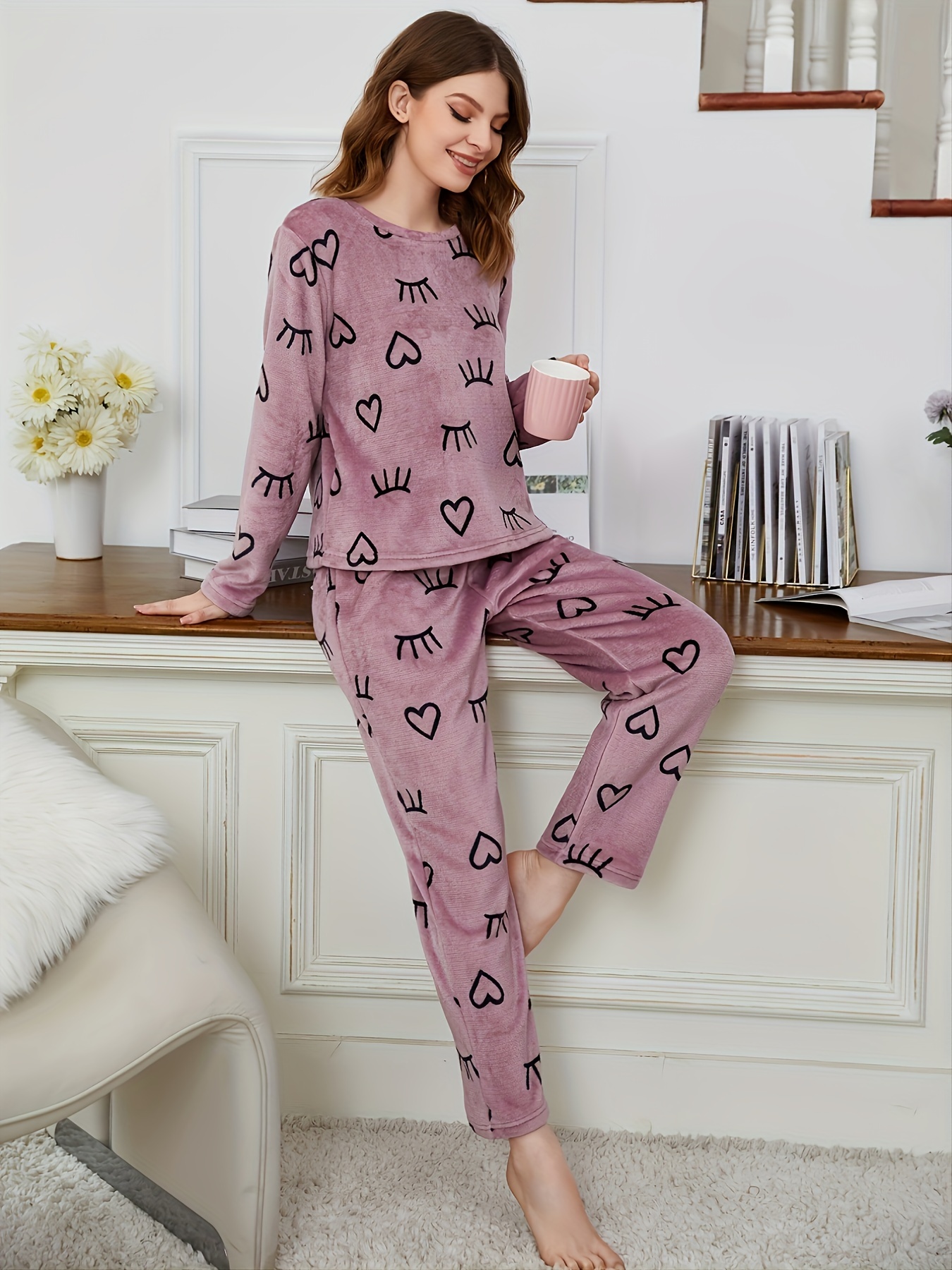 Heart Print Pajama Set, Short Sleeve Button Up Top & Lounge Pants, Women's  Sleepwear & Loungewear