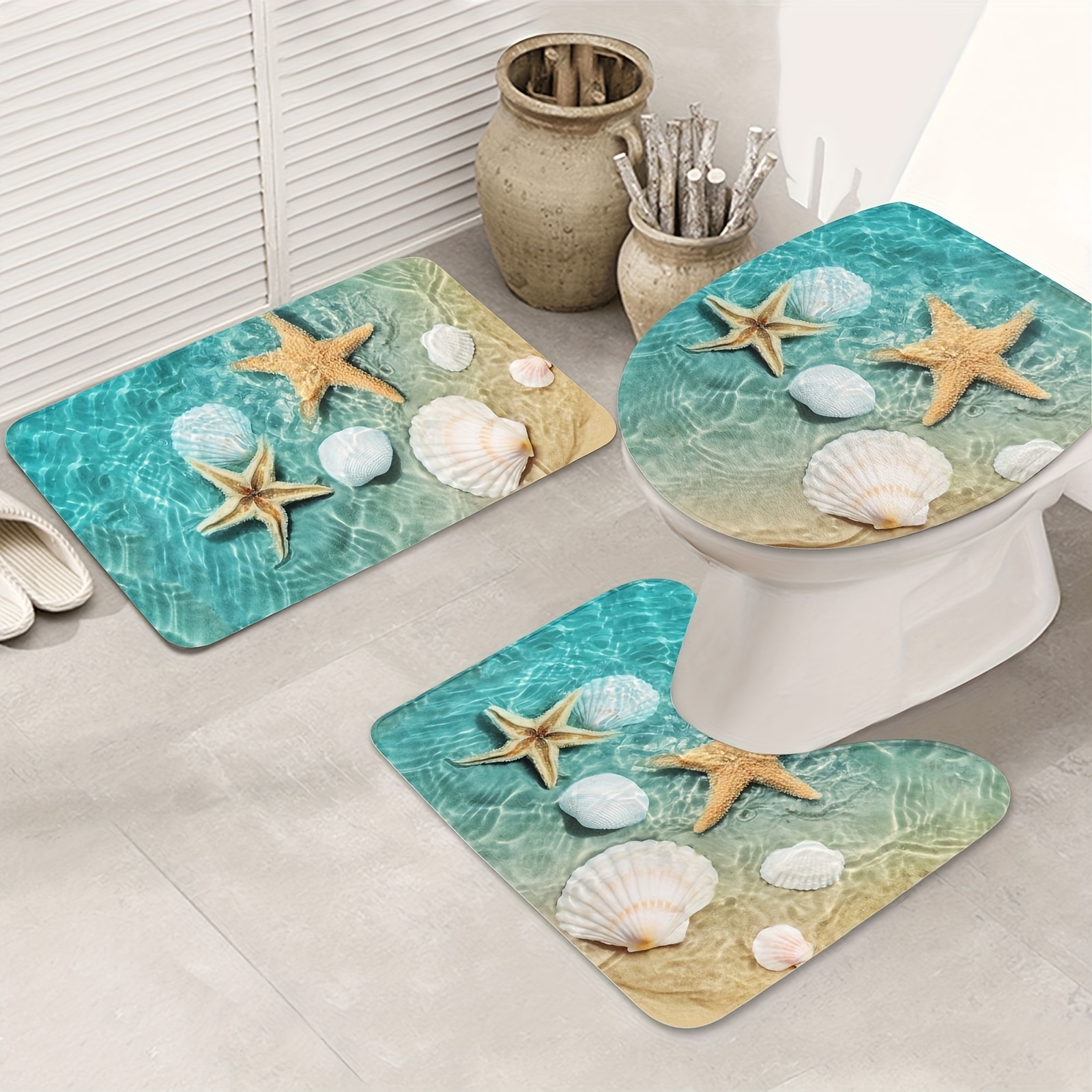 

3pcs Non-slip Starfish Seashell Bathroom Mat Set - Washable Flannel Floor Mat For Toilet Lid Cover And U-shape Mat - Bathroom Decor And Safety