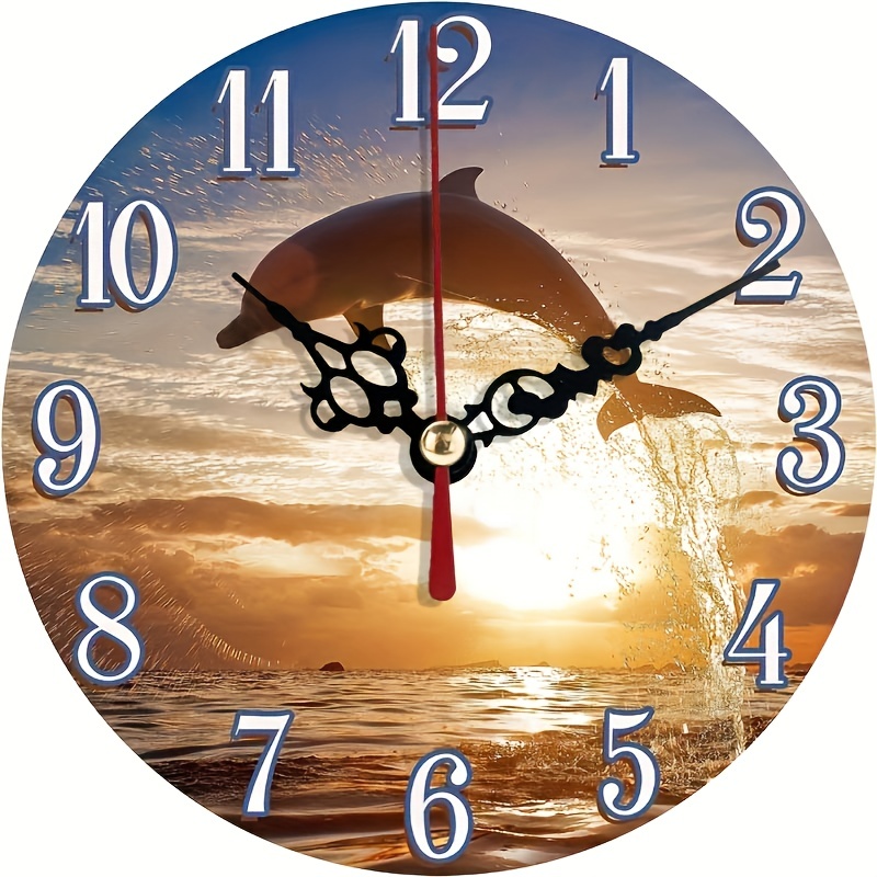 

1pc Round Vintage Sunset Dolphin Wall Clock For Kitchen Office Living Room Cafe Decor, Classic Beautiful Home Art Decor, Aa Battery (not Included)