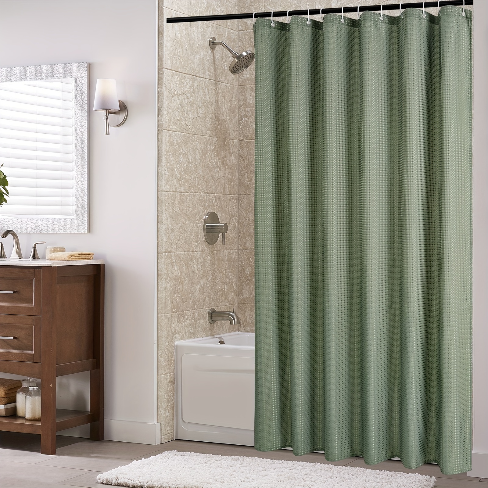 1pc Deluxe Sage Green Shower Curtain with Waffle Texture and Heavy Duty  Fabric - 120GSM Polyester Cloth with 12 Plastic Hooks - 71Wx71inch -  Enhance Y