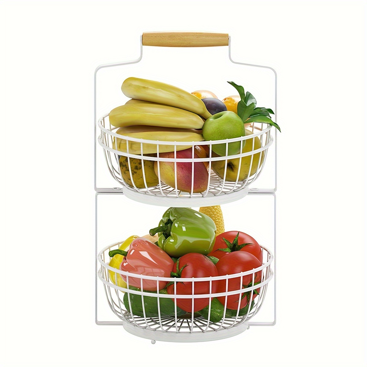 Fruit Basket With Wooden Handle Kitchen Desk Storage - Temu