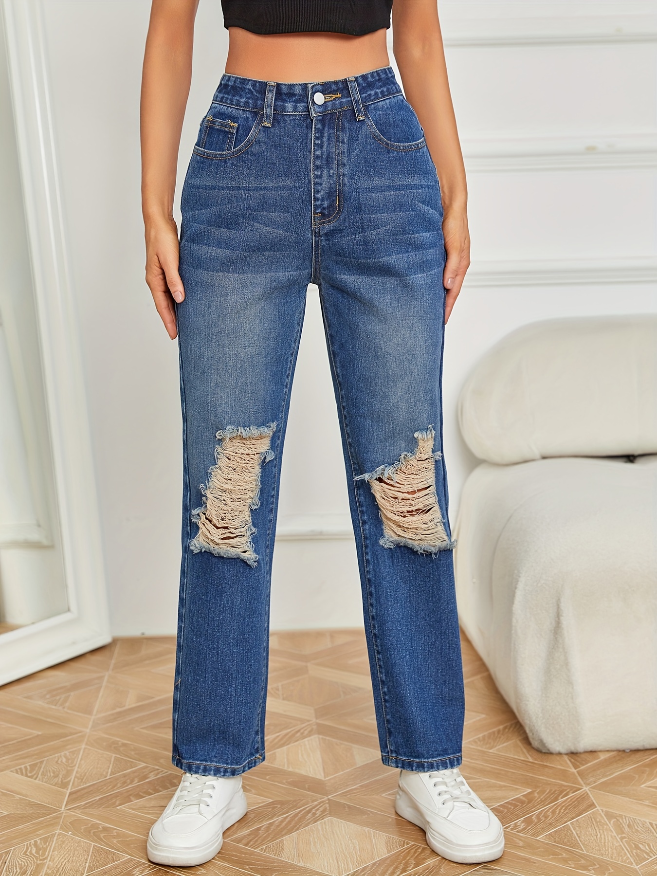 Purple Flap Pockets Straight Jeans Loose Fit Ripped Holes - Temu