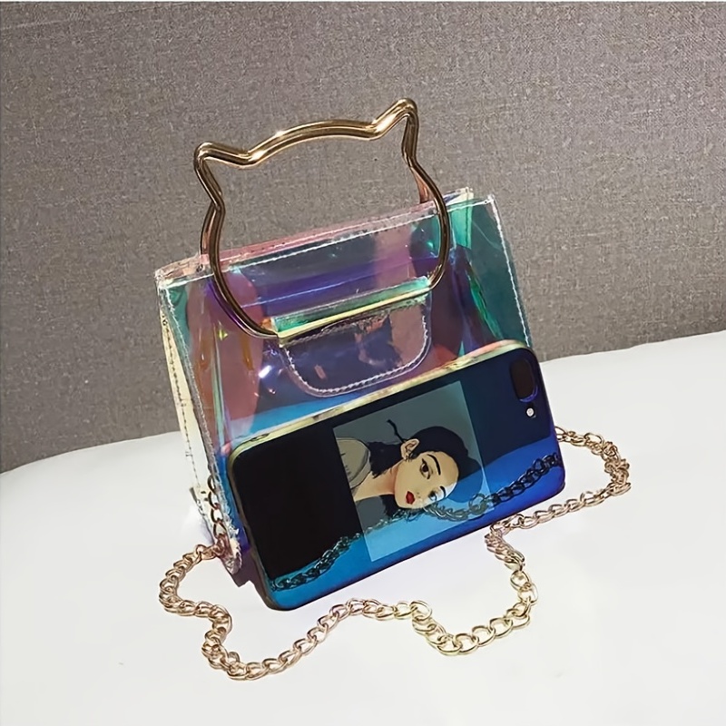 Holographic Clear Jelly Tote Bag Mini Hologram Crossbody Purse for Women  with Cute Handle: Handbags