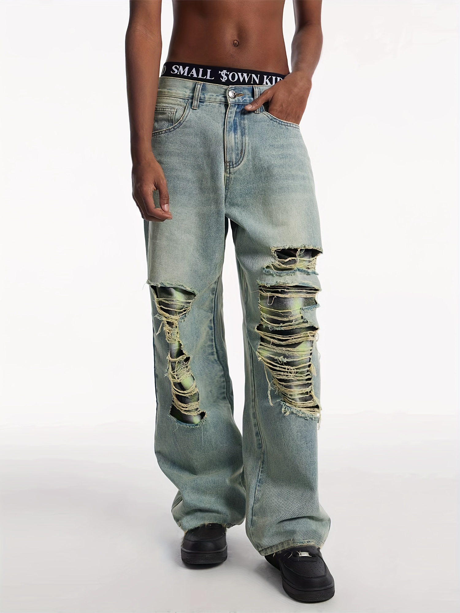 Men's Loose Fit Tapered Jeans, Men's Casual Street Style Ripped Denim Pants