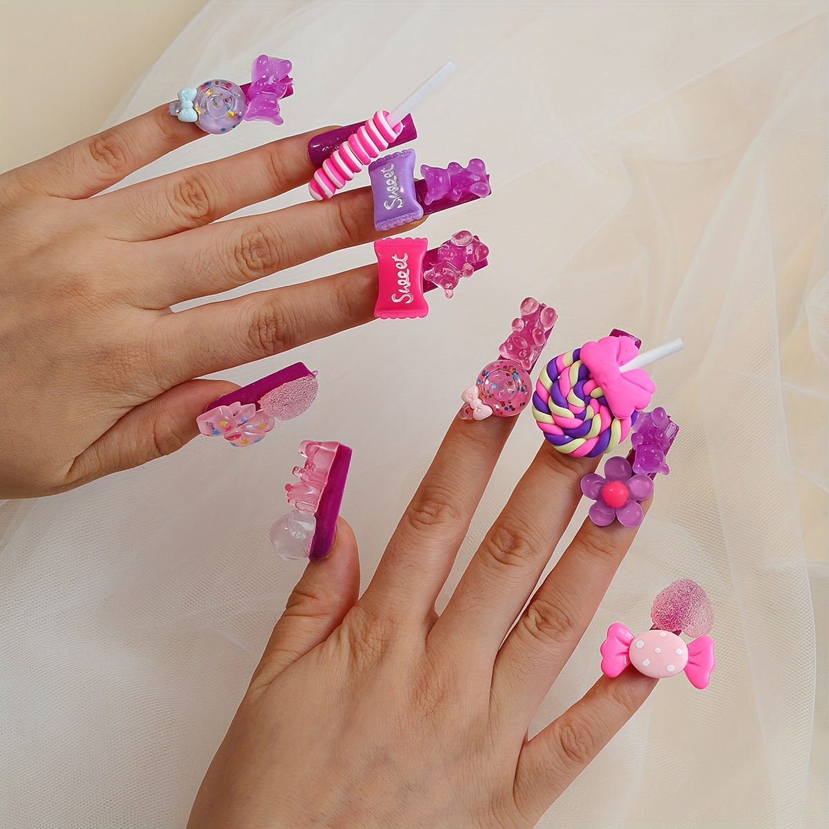 24pcs Cute Cartoon Fake Nails, Press On Nails With 3d Kawaii Bear Rabbit  And Heart Flower