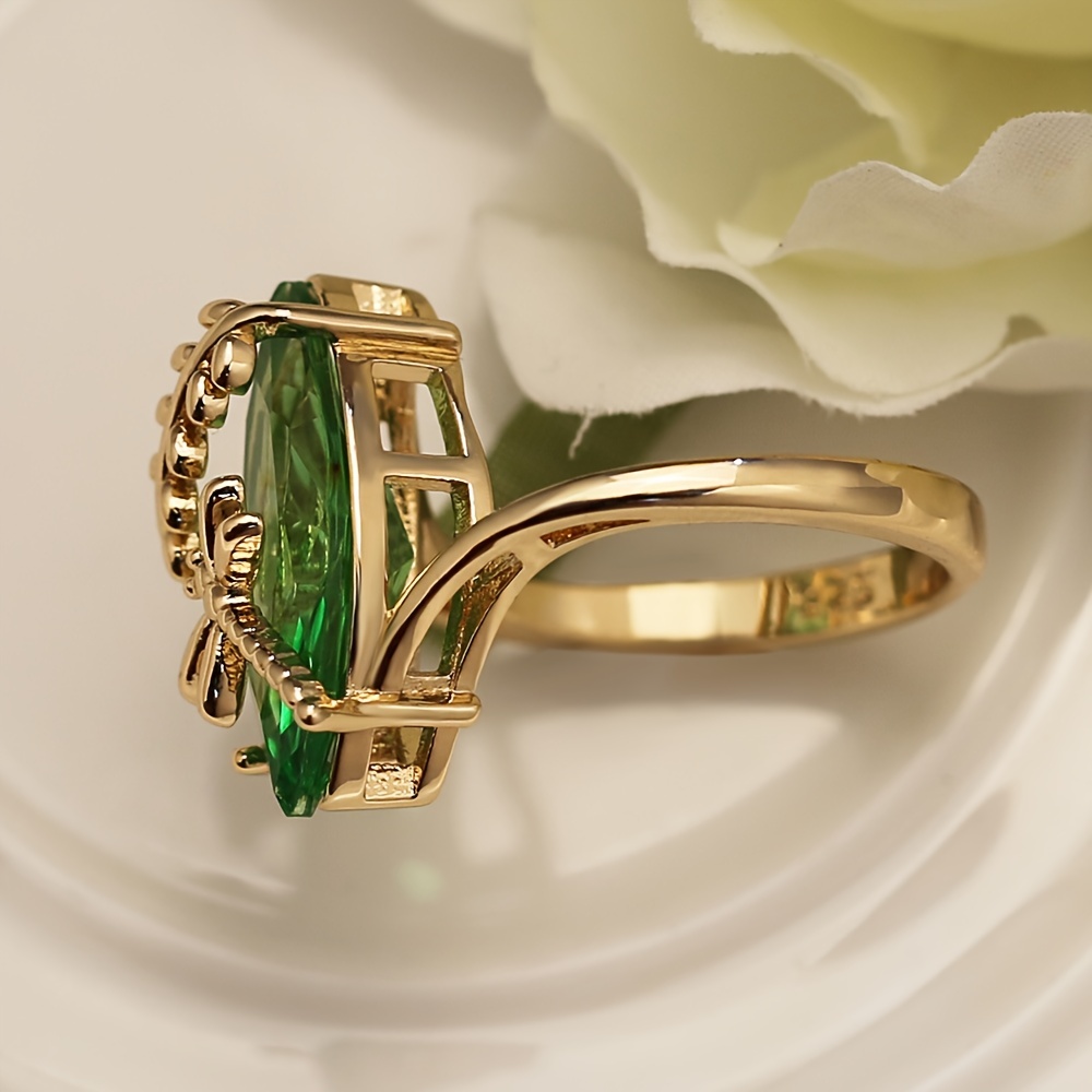 Oval Cut Green Zircon Ring Dragonfly Shaped Women's Ring