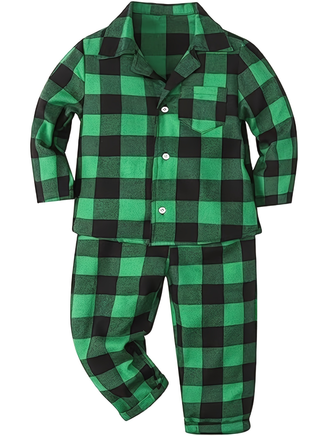 Kids Green & Black Plaid Flannel Set