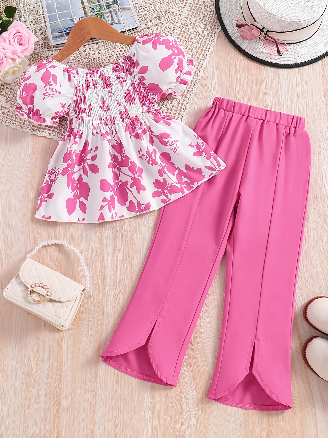 Girls Shirred Shirt Elastic Waist Flared Pants Set Floral - Temu