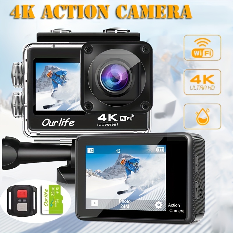 アクションカメラ 4K Ultra HD-防水、WiFi、リモート制御、8GBカード ...