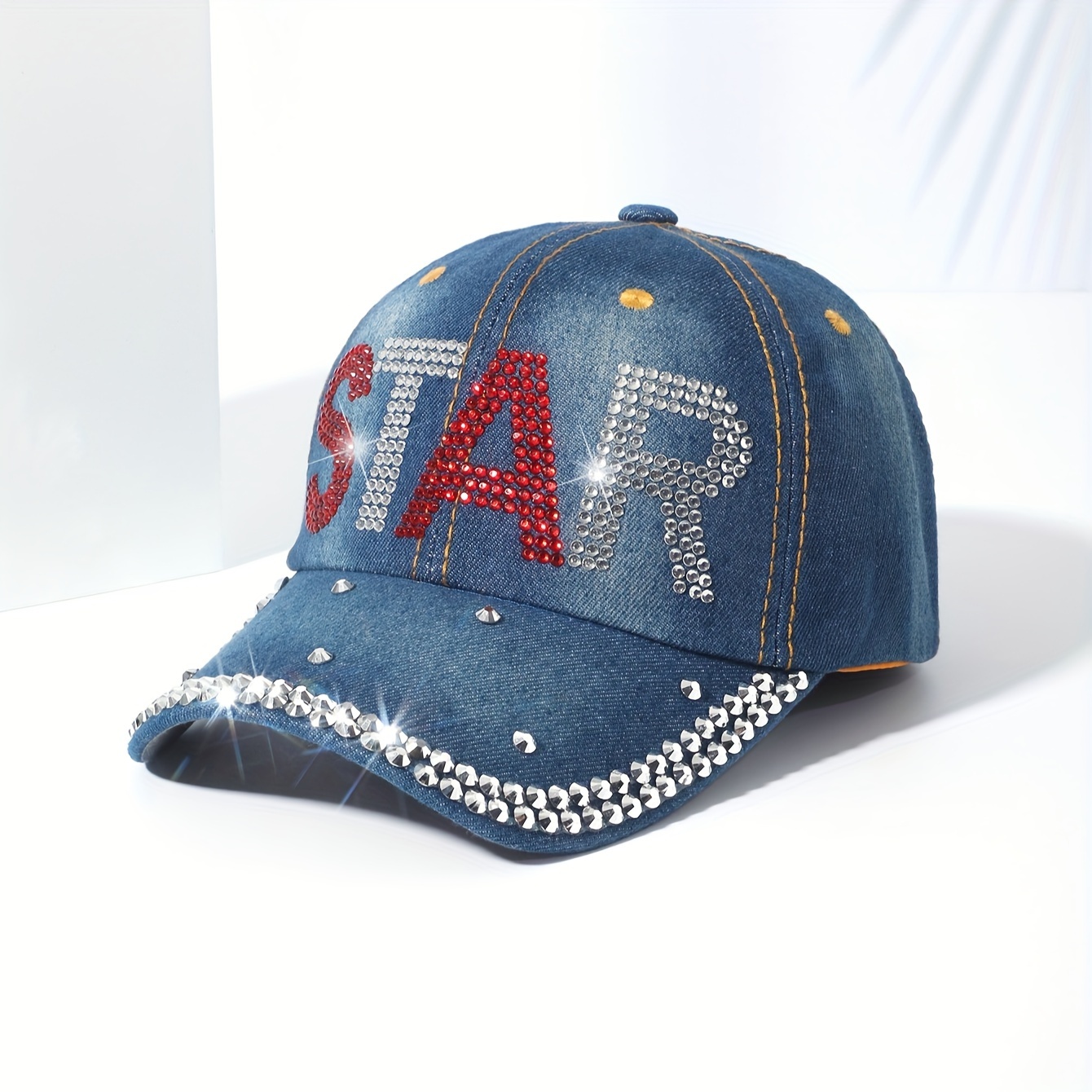 Rhinestone Star Graphic Baseball Baseball Hat, Dad Hats Blue Washed Distressed Denim Hats Breathable Adjustable Dad Hat for Women Girls,Temu