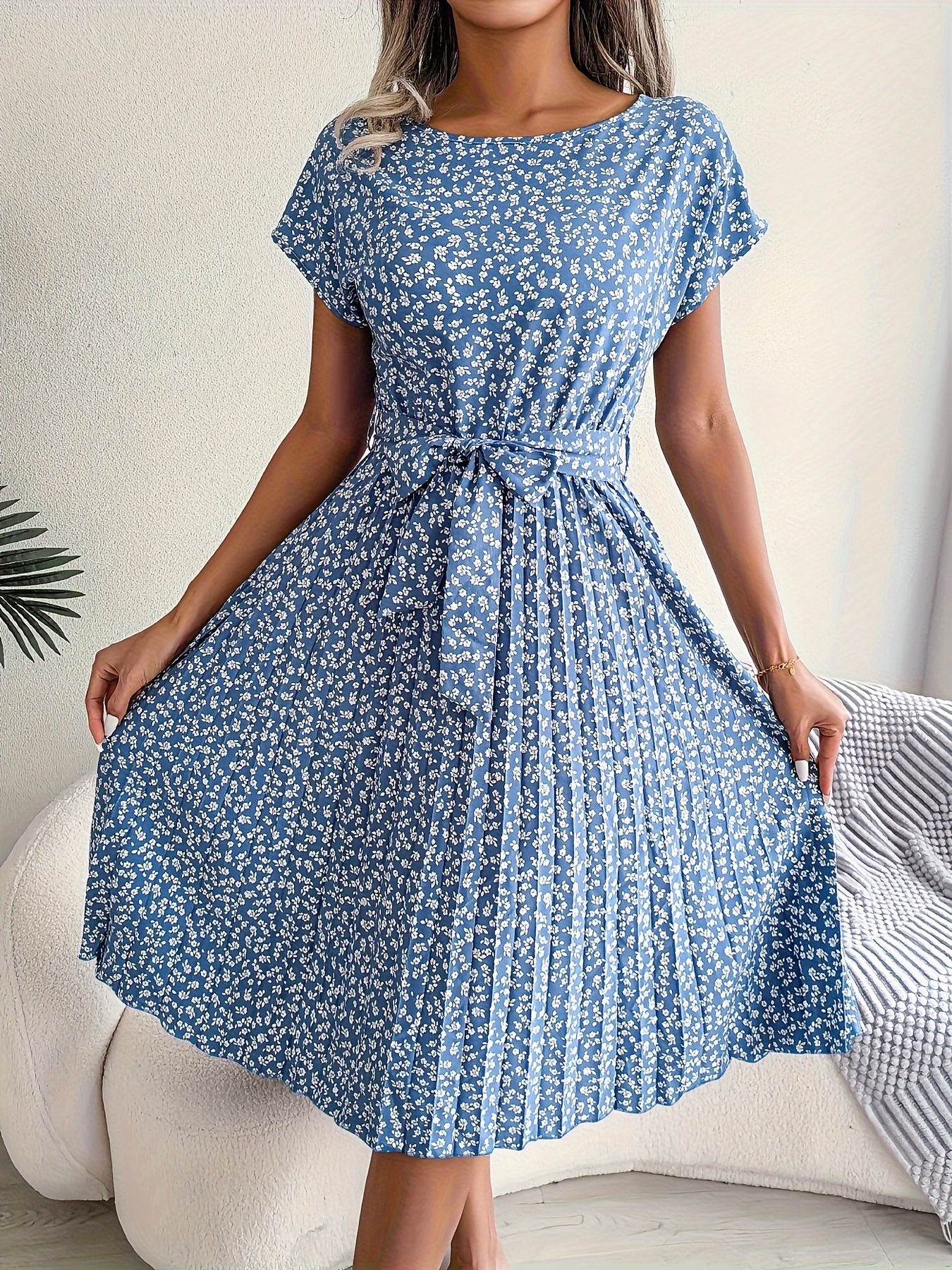 Ditsy Floral Print Belted Dress Short Sleeve Casual Every - Temu