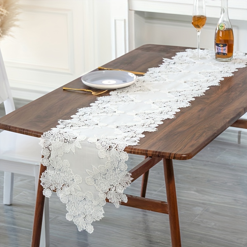 Camino de mesa moderno de 86 pulgadas, color beige y blanco, camino de mesa  para decoración del hogar, flores huecas bordadas con encaje de poliéster