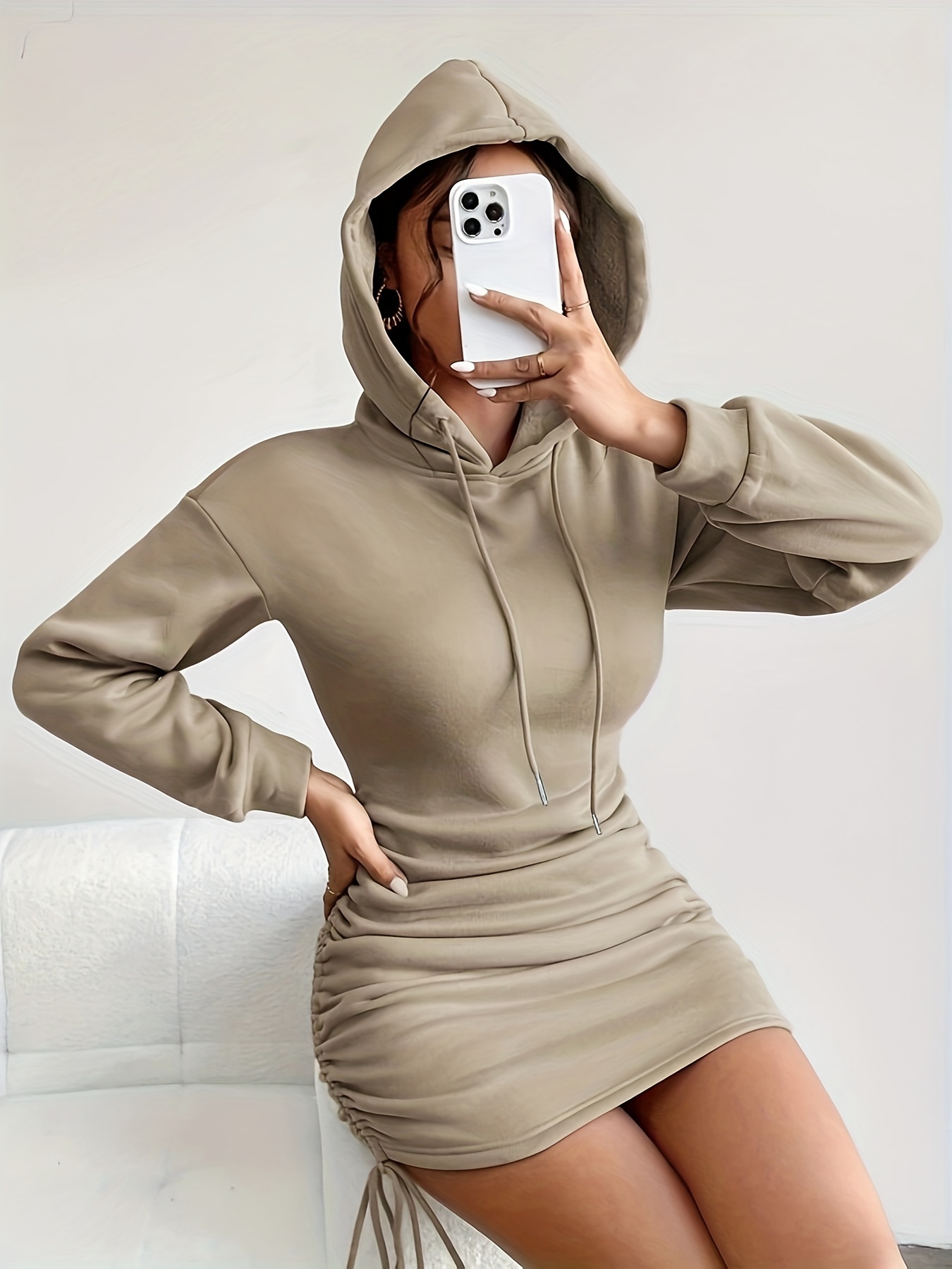 Drawstring Hooded Dress Casual Long Sleeve Bodycon Dress Temu Australia