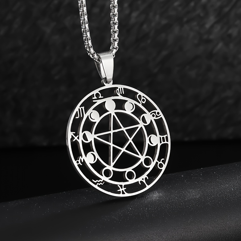 Image of 1pc Stainless Steel Witchcraft Zodiac & Moon Phase Pendant Necklace - 12 Astrological Symbols, Pentagram Charm, Minimalist Gothic Jewelry For Women, Daily Wear & Party Accessories