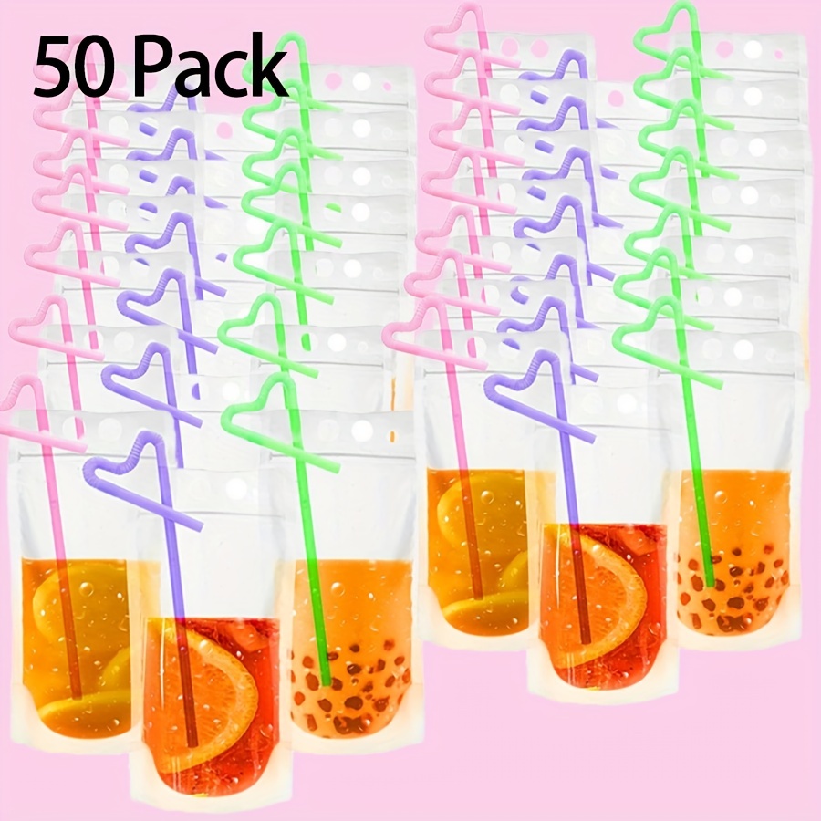 100 Pcs Drink Pouches for Adults, Reclosable Stand-up Drink Pouches with Straws, Heavy Duty Reusable Juice Pouches Zipper Plastic Smoothie Drink Bags