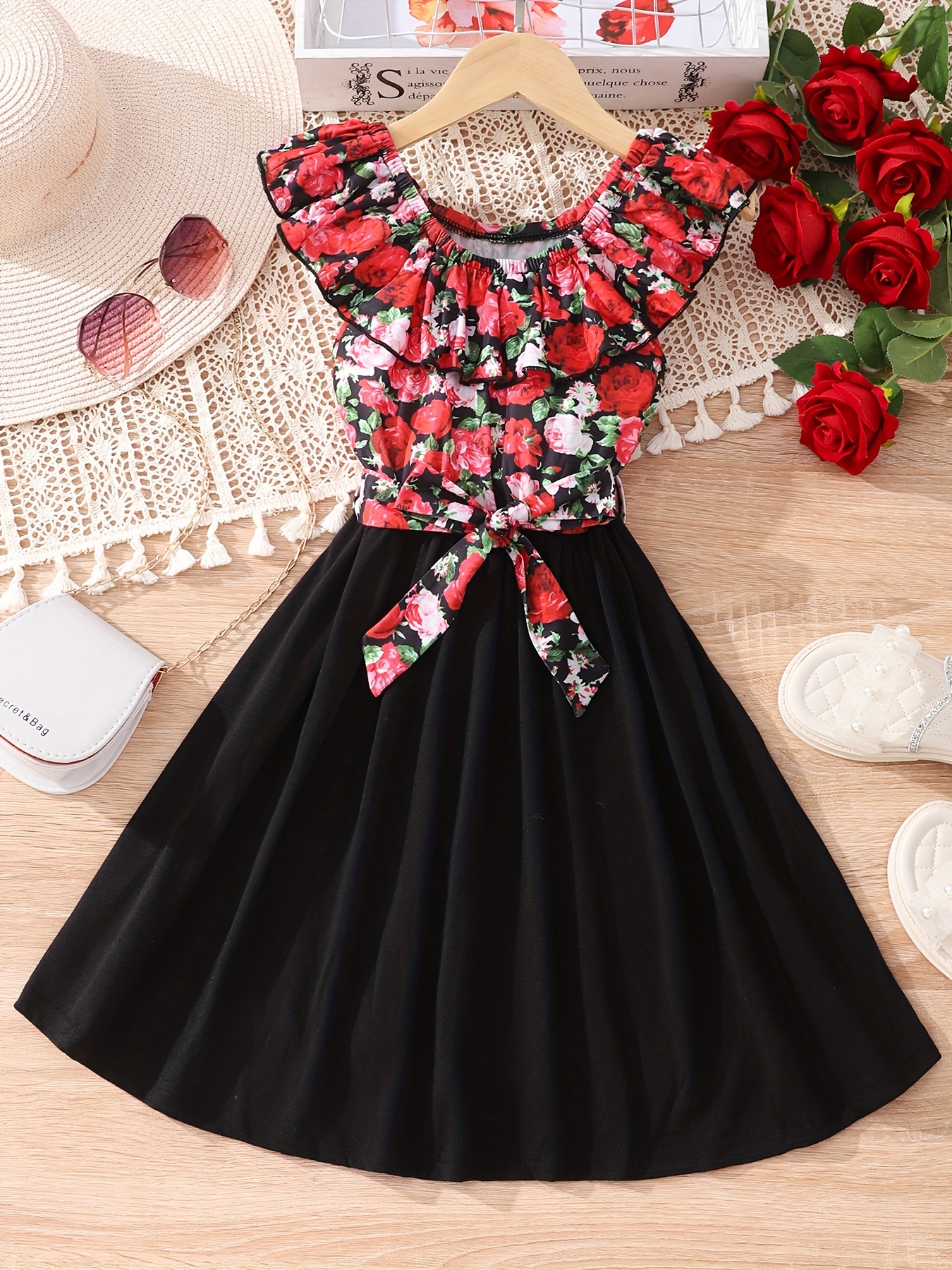 Girls' Casual Dress Floral Print Ruffle Collar Sleeveless Crew Neck Midi A  Line Dress With Bowknot Belt, Cute Girl Clothes