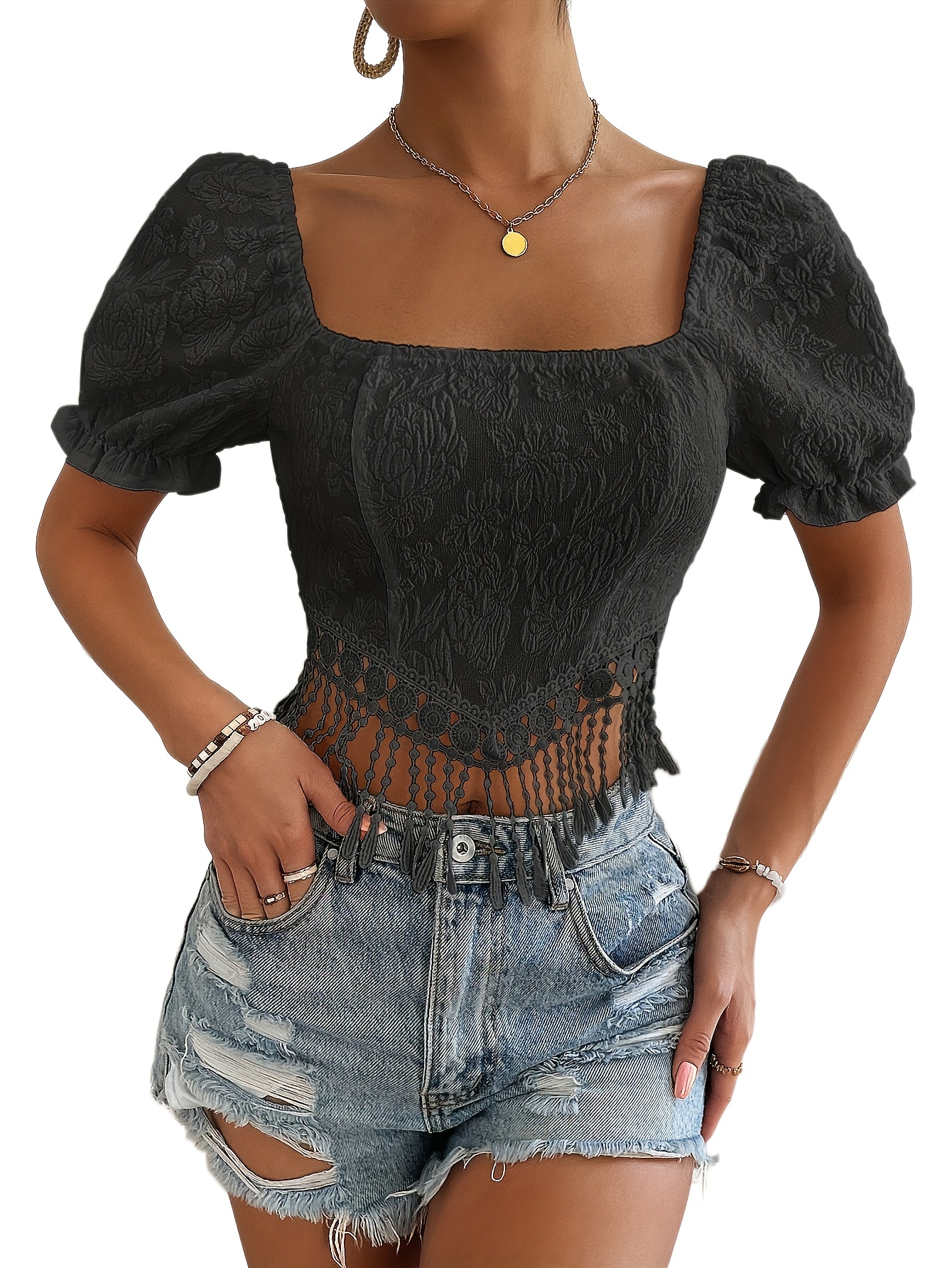 Floral Jacquard Fringe Hem Crop Top Vintage Square Neck Puff