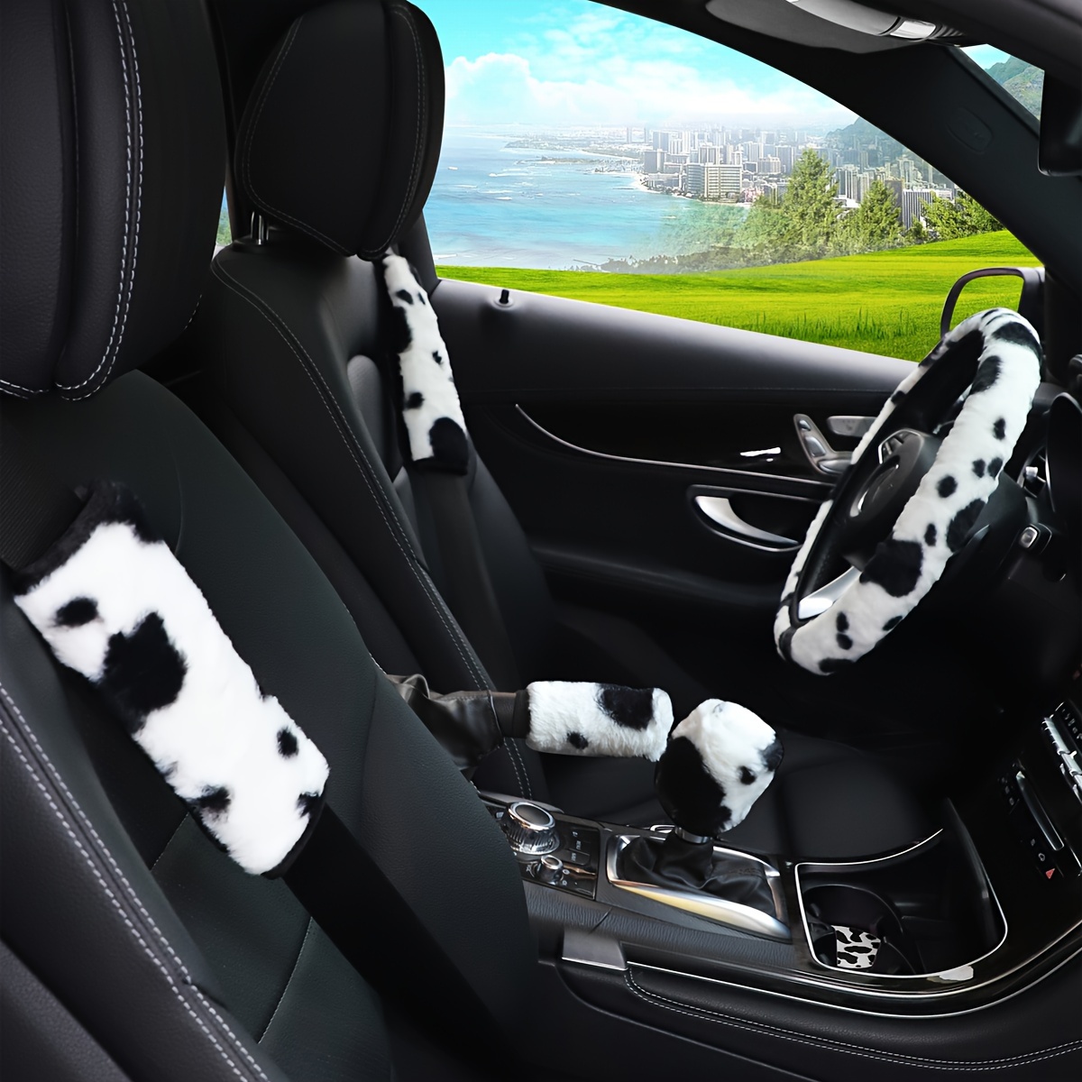 

7pcs Comfortable Black And White Cow Plush Car No Inner Ring Steering Wheel Cover Handbrake Cover Handlebar Cover Coaster Seat Belt Shoulder Protector
