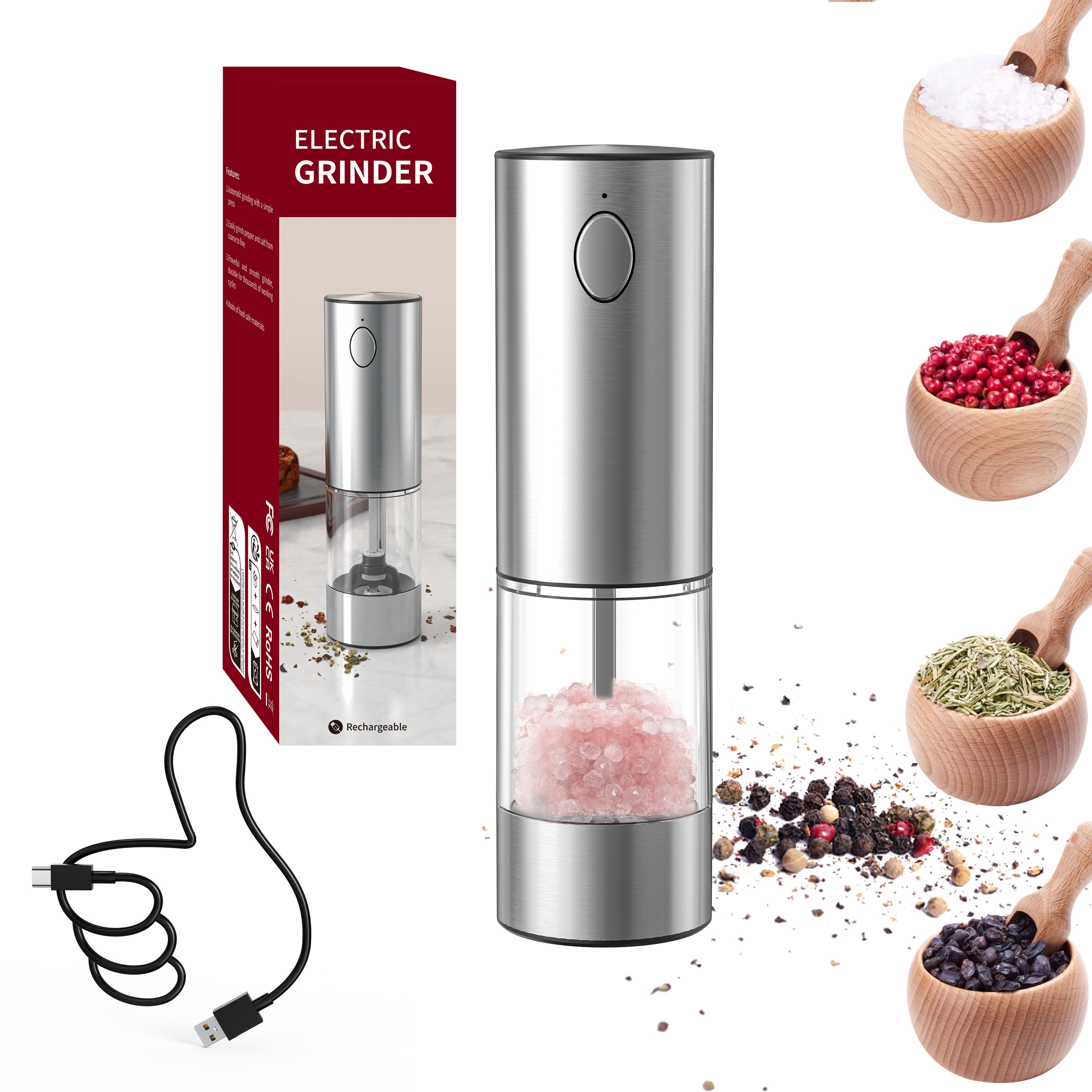 Electric Salt and Pepper Grinder, USB Type-C Rechargeable No Battery  Needed, Automatic Black Peppercorn & Sea Salt Spice Mill with Adjustable