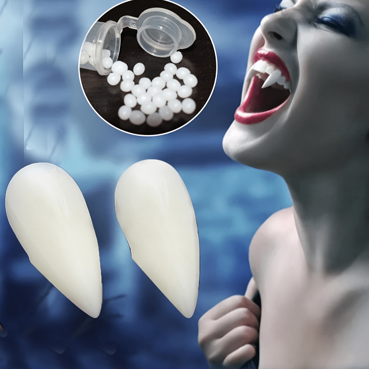 3 pares de colmillos de dientes de vampiro con adhesivo, colmillos de  fiesta de Halloween, cosplay de hombre lobo, dentaduras de vampiro,  accesorios