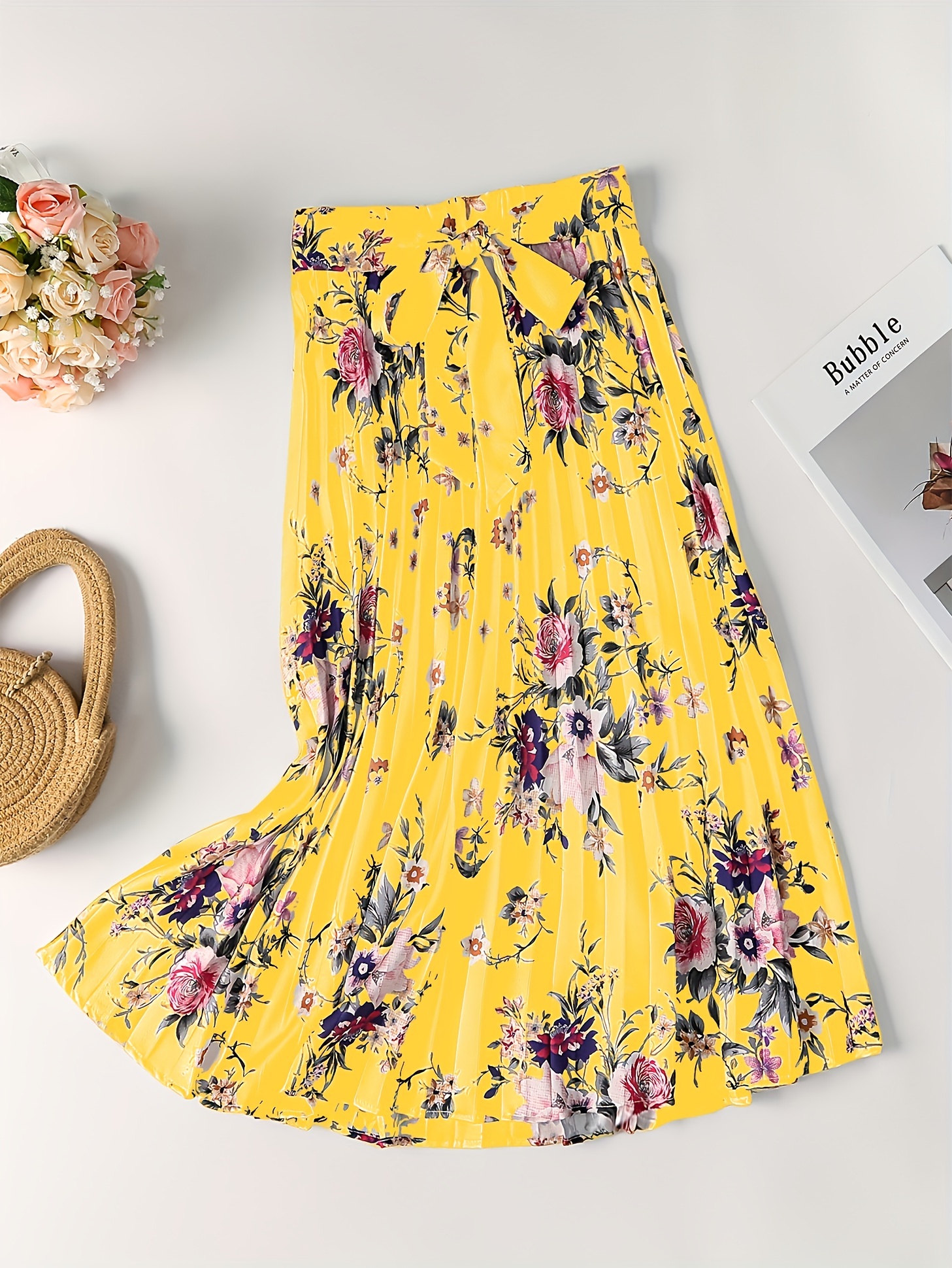 Vintage Floral Print Skirts Elegant Pleated Tie Waist Daily Temu