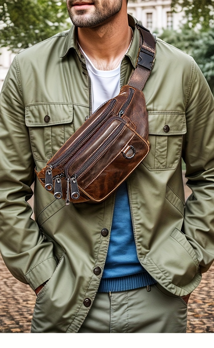 men's casual genuine leather waist bag multiple pockets - Temu