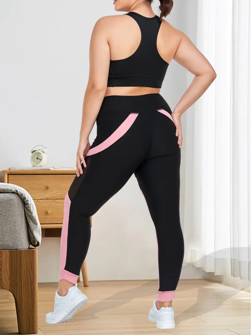 Plus Size Sports Leggings, Women's Plus Colorblock Insert Mesh Wide  Waistband Tummy Control Yoga Leggings